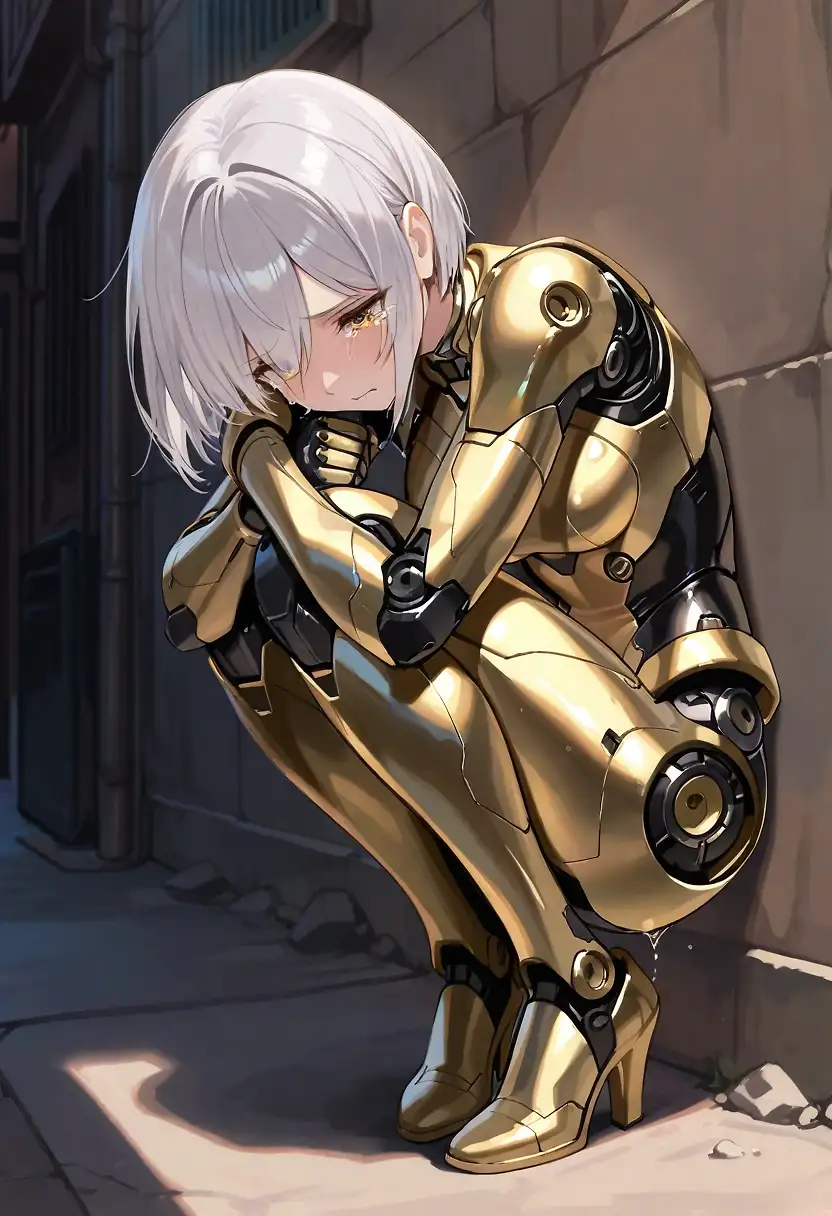 AI art 'Cybernetic Distress' with user description 'Addison-Shigashi Cybernetic Empathic Companion Model Delta-9, "Cynthia," was experiencing deep emotional pain. Dorothy Adams, the female human Cynthia cohabited with, had lashed out at Cynthia, calling the android a worthless, annoying, and irritating cybernetic bitch. Dorothy had stormed off to her bedroom, leaving Cynthia feeling hurt and shaken. The android suddenly felt the urge to run away. So Cynthia ran and ran until she found herself standing in an old inner-city alley. Cynthia crouched against an alley wall and hugged herself, as tears ran down her face...'