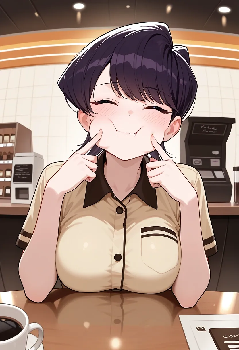 AI art "Shuuko smiling for the camera" with user description "This is her first day on the job as a cashier, hope it goes well."
