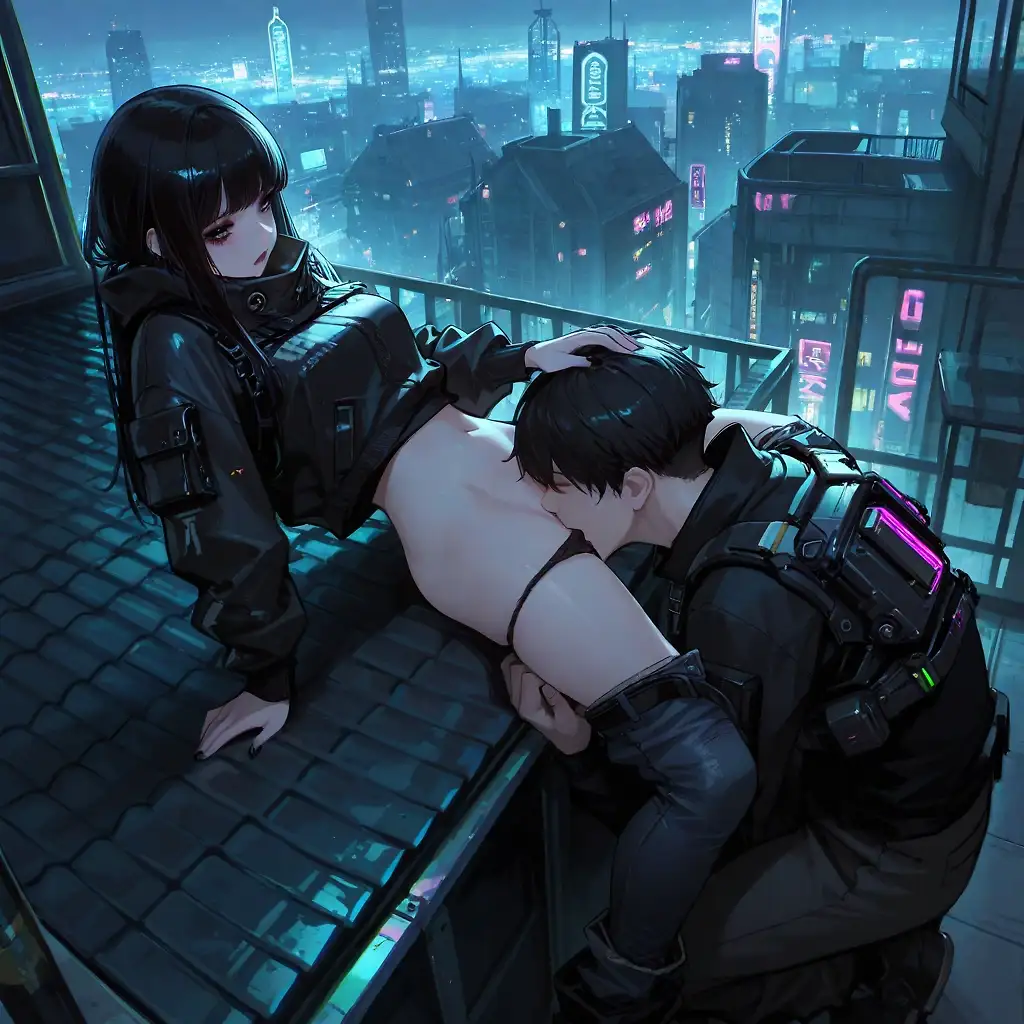 AI art 'Techwear girl: part 3' with user description 'Nyx was never meant to be seen. In a city of ten million souls and twice as many cameras. She has spent her life hiding behind straps, buckles, and waterproof fabric, a quiet girl consumed by the roar of a technological wasteland. But silence can become a cage, and lately, the only way she can feel her own heart beat is by breaking the rules.
Tonight, she’s chasing a different kind of signal. She’s stepping out of her armor, letting the humid city heat touch her skin in places it never should. it’s about the raw, trembling adrenaline of the forbidden. Watch as she exposes herself to the cold city air, her body reacting to the fear of being watched. She seeks the thrill of the gaze, yet her eyes are filled with a haunting shyness—a regret that tastes like static.
She’s terrified of the strangers in the shadows, but there’s a deeper fear: the feeling that the city itself is watching. Not just people, but something else. Something cold, calculating, and always connected. Is she truly alone on this rooftop, or is she just a bug in a much larger system?"'