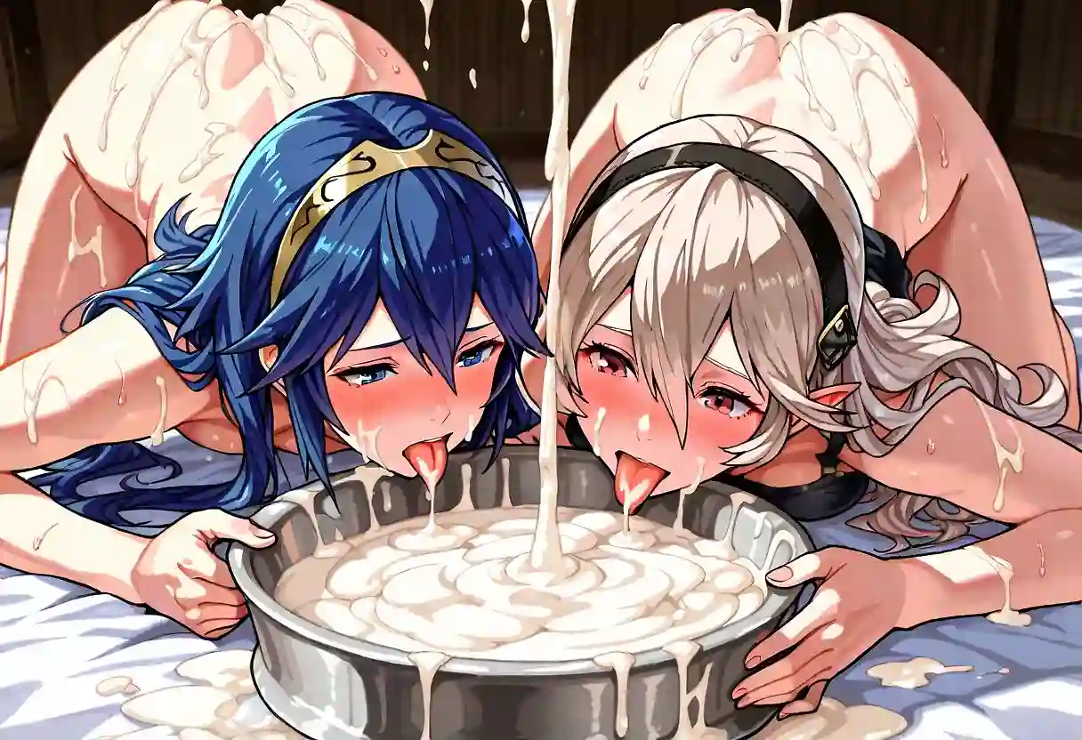 AI art "Corrin and Lucina eating cum from bowl"