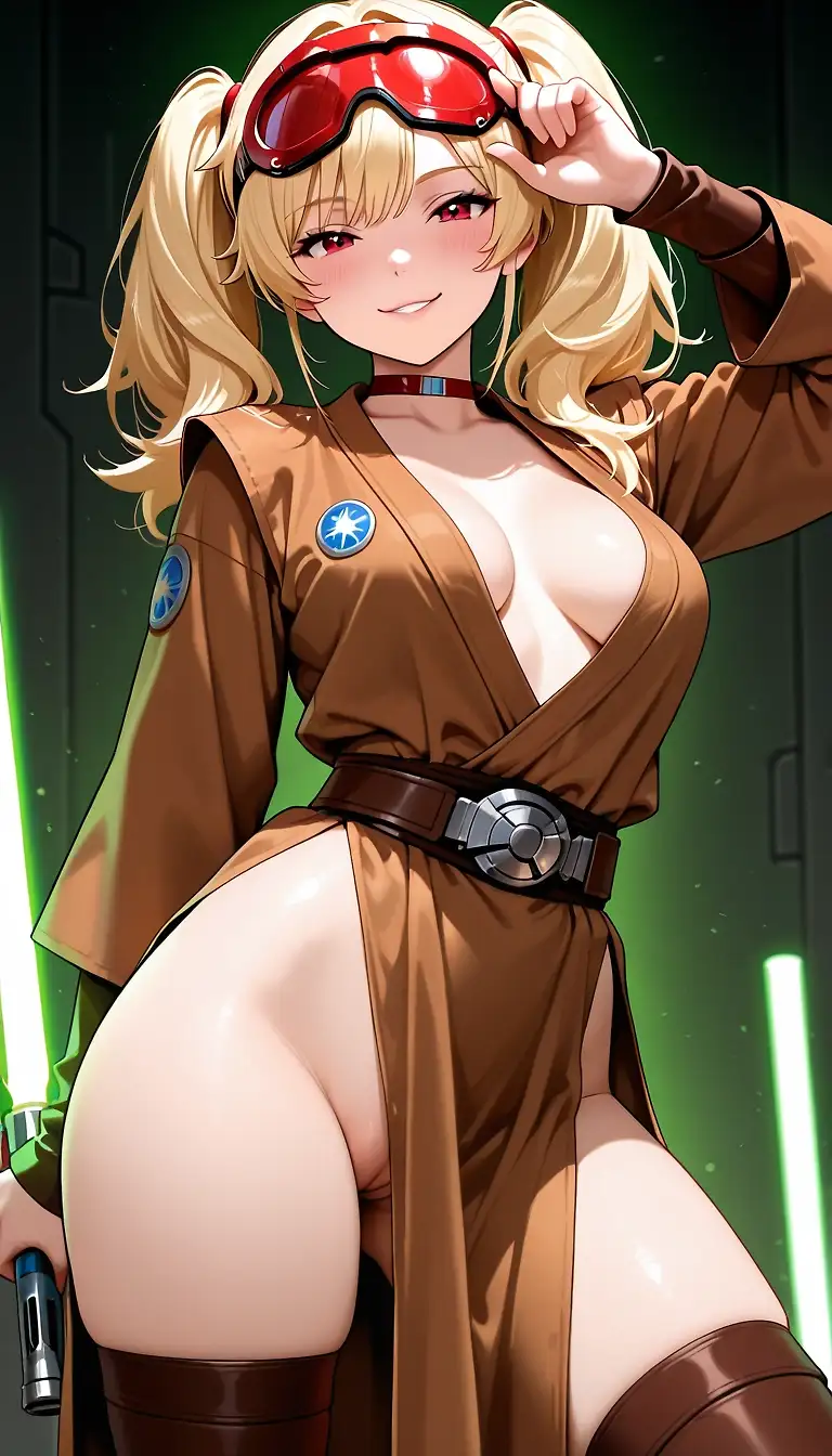 AI art '​Cherry Bomb: The Force is Loud. May the 4th' with user description '"I know what you're thinking. 'Cherry, a Jedi? You’re way too chaotic for the robes and the meditation.' And honestly? You’re right.
​I’m not here to sit in a circle and talk about balance. I’m here because someone needs to be the spark that lights the fire under the Empire’s feet. If the Force is an energy field that connects everything, then I’m just the high-voltage glitch in the system.
​My lightsaber isn't for show, and my 'peace' comes only after the smoke clears. So don’t ask me about the Code. Ask me how it feels to cut through the darkness with a blade that burns as bright as I do."
​Cherry Bomb: (Spinning her lightsaber, the hum of the blade vibrating in the air, her smirk reflecting in the glow) "They told me to find my inner calm. I told them I’d rather find the detonator. Turns out, you can do both. Ready to see what happens when a Jedi stops playing by the rules?"'