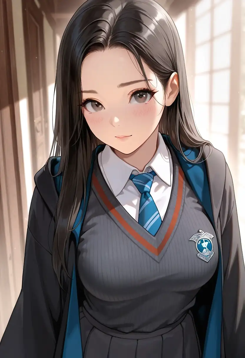 AI art 'Cho Chang of Ravenclaw' with user description 'Cho Chang of Ravenclaw, a Ravenclaw Quidditch Seeker and member of Dumbledore's Army, is notable for being Harry Potter's first girlfriend. Cho is also one of the first Hogwarts students to believe in Harry's declaration of Voldemort's return. In Harry's fifth year, Cho kisses him and goes on a date with him, but Harry eventually ends their relationship.'