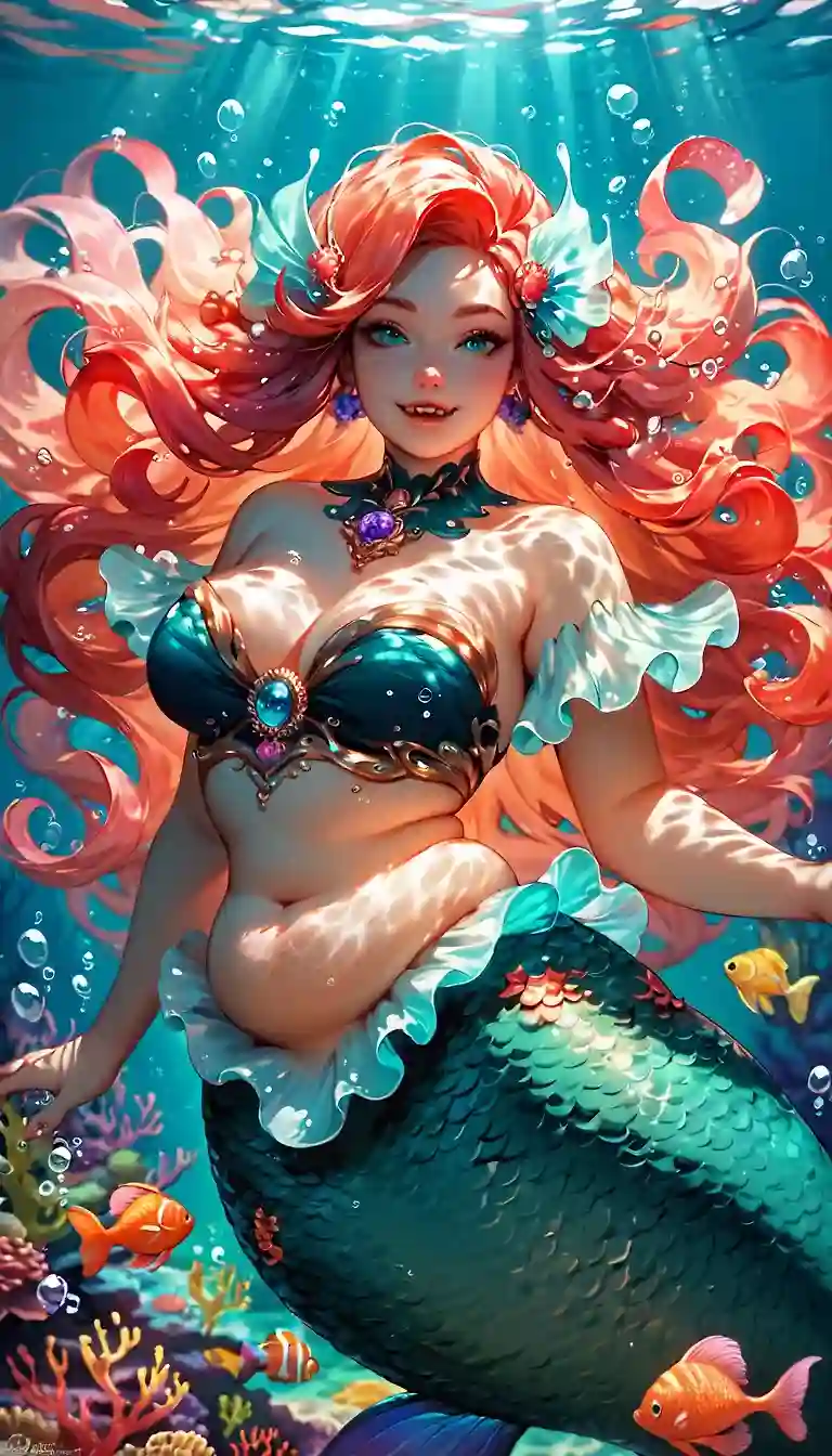 AI art 'Mermaids' for prompt: 'plump, bbw, medium_breasts, shiny, majestic, mermaid, underwater, ornaments, colorful, elaborate_background, seductive, looking_at_viewer, very_long_hair, diadem, multicolored_hair, hair_accessory, fangs'
