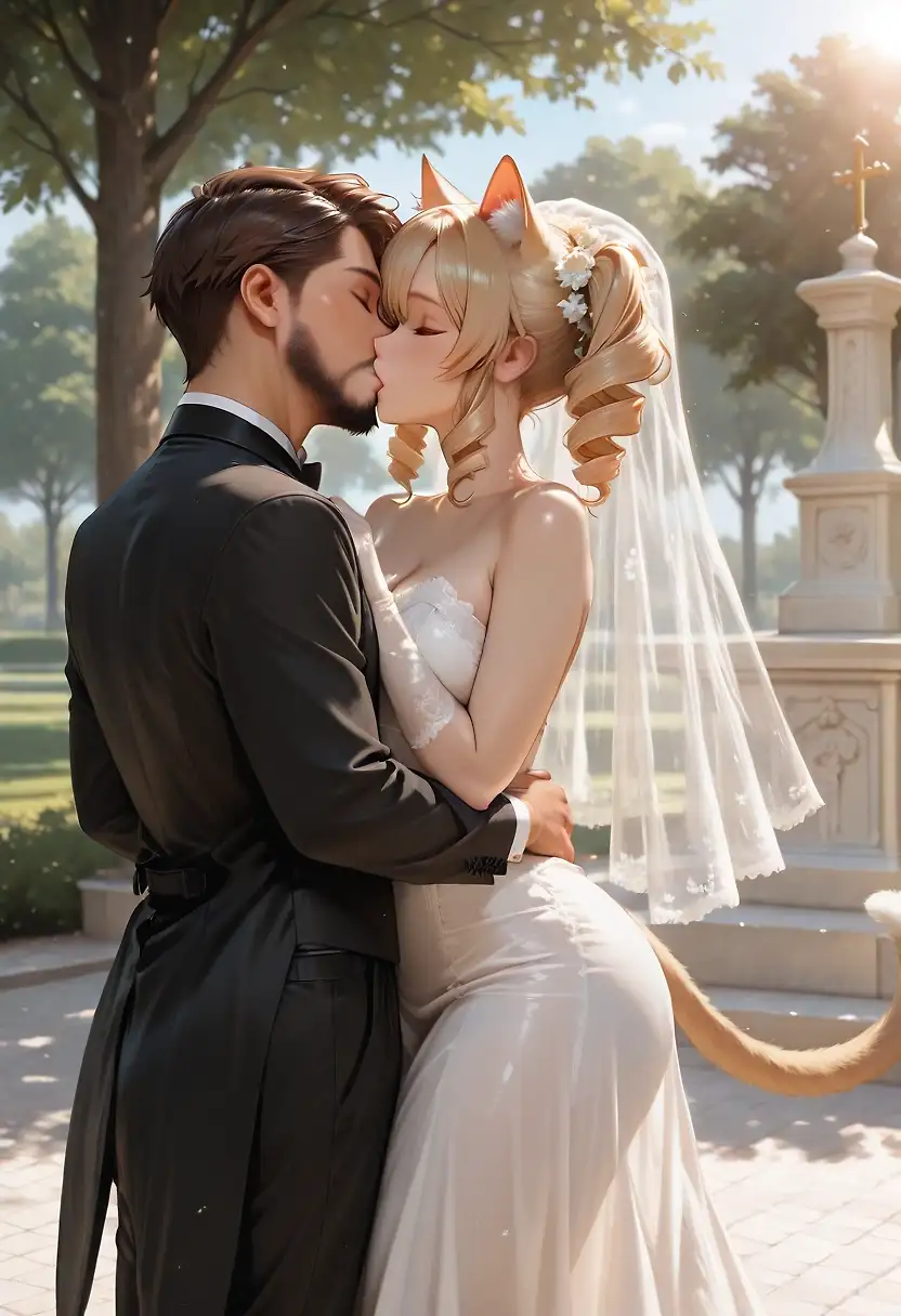 AI art 'Peterco’s 4k celebration!' with user description '@peterco finally tied the knot with Coco in a beautiful BW ceremony themed with pearls and donuts. 

All the Better Waifu couples were there: Octavian and Cyndel; @bad77 and Annie; @cef_ultra and Naomi; @parda and Summer; @warmicestudios and Pearl; and many more creators and their girls. They share a deep, loving kiss as everyone cheers.  

Peterco and Coco are together in marital bliss, laughing, stealing kisses, and dancing to music. Pure domestic happiness.

Eight months later, Peterco has his arms wrapped around a heavily pregnant Coco from behind, gently rubbing her swollen belly while she leans back against him with a content smile, her tail curled around his leg.

It’s BW happily ever after… or is it?

Peterco jolted awake in his bed, shirtless and wearing only his boxers. The hallway light streamed into the room.

Standing in the doorway was Coco, wearing nothing but a sheer white shawl draped loosely over her body, barely covering her curves. She smiled at him with that playful catlike grin, ears perked.

“Thank you for the purr-fect night, Peterco~” she purred, stretching cutely. “And congratulations on 4k followers.”

She blew him a kiss, then turned to leave. Right before stepping out, she glanced back over her shoulder with a wink. 

“Maybe when you hit 10k… I’ll marry you for real.” 
With a swish of her tail, she disappeared down the hallway, leaving Peterco blushing and smiling in bed.

Congrats Peterco!

 @gildenstein @reptorn  @terror2 @barry915 @casca_kirei-onna @smut317 @kendarfulgrim @murcie, @a_casual_prompter, @zesoul, @ririfake, @zerogroupe21 @dreamerofdreams, @artfx85 @cro_bo'