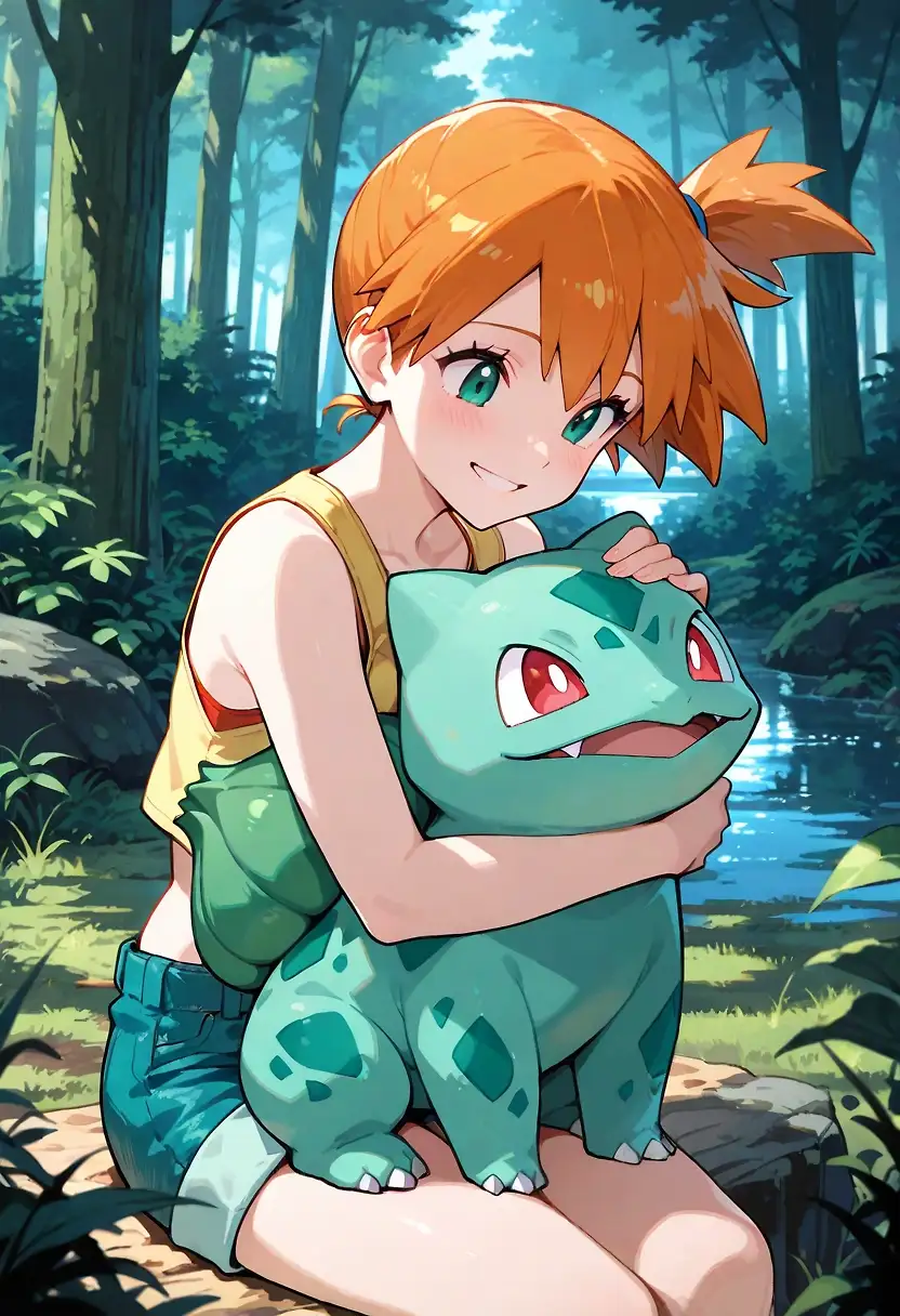 AI art 'Misty Adventures - 01' with user description 'Misty has decided to catch all the pokemon like sasha is doing, but in her own way ...
She's starting her collection by the first pokemon in the pokedex : Bulbasaur.'