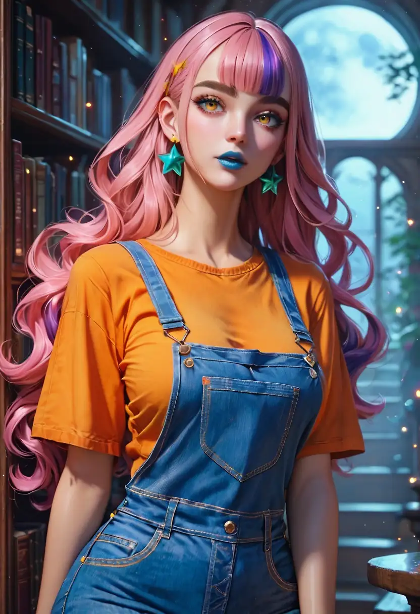 AI art 'Samantha(Samt).' with user description 'A shy girl who likes astronomy, her shyness and aversion to the paranormal make her the ideal counterpoint to Alison: while the latter seeks to explain unexplainable phenomena, Sam prefers to focus on the order and predictable beauty of the stars.
Astronomy and astrology: Although she gets scared easily in spooky places, her knowledge of lunar cycles and astronomical movements often helps the club choose the best times to go out and investigate (even if she herself prefers to stay home watching the sky).
She is probably the one who keeps the group together when things get too tense, reminding them that there is also beauty in the mysterious without needing to put themselves in danger.'