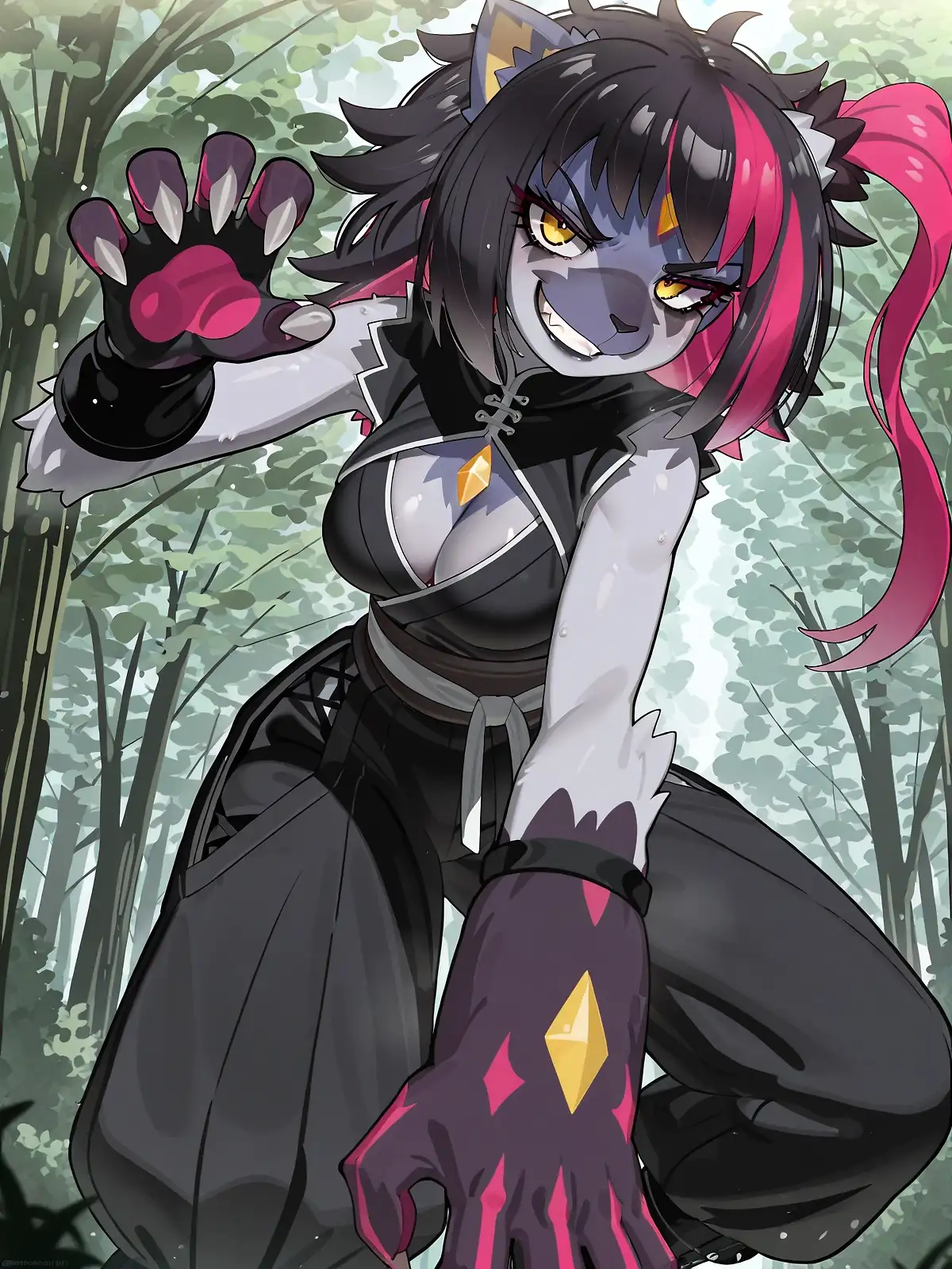 AI art 'Pokégirl Ninjas 2: Sneasler/Nidorina/Groudon' with user description 'More sexy, SFW, ninjas! Still struggling with symmetrical amounts of fingers, but the designs seemed fire, so I kept em anyway. Hope you like em 🥷'