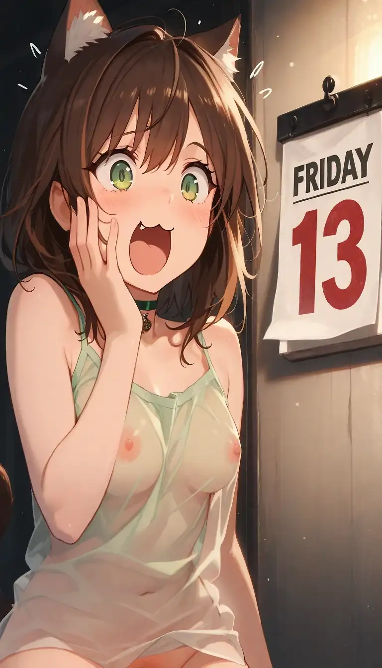 AI art '😻 Caturday 13th' with user description 'So, the same reference image that's part of the "Friday the 13th" set. At 50% strength, there's not much you can do with it except change the colors and breast size (and I played a lot with that). It's basically locked. Anyway, which catgirl sibling is the cutest? 😻'