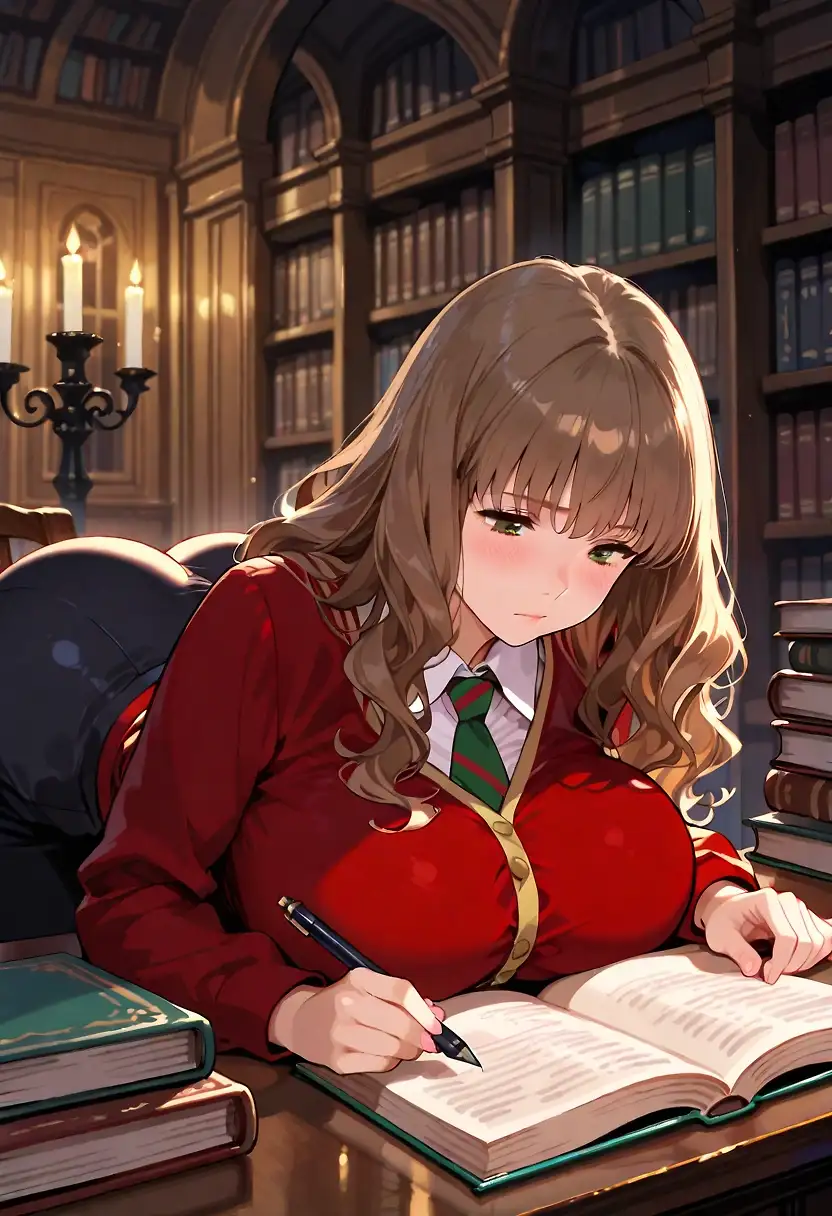AI art 'Hermione surprised!' with user description 'She Always study so hard, but the library sometimes Is not a safe Place for lonely girls'