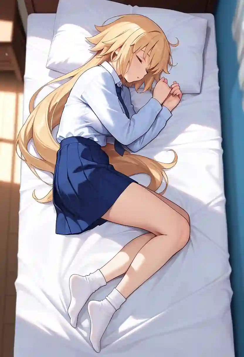 AI art 'Sleeping on bed' with user description 'Schoolgirl Jeanne sleeping on the bed'