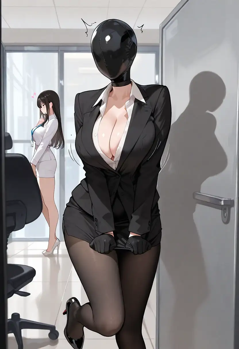 AI art 'Masked Secretary' with user description 'Big boobs secretary.'