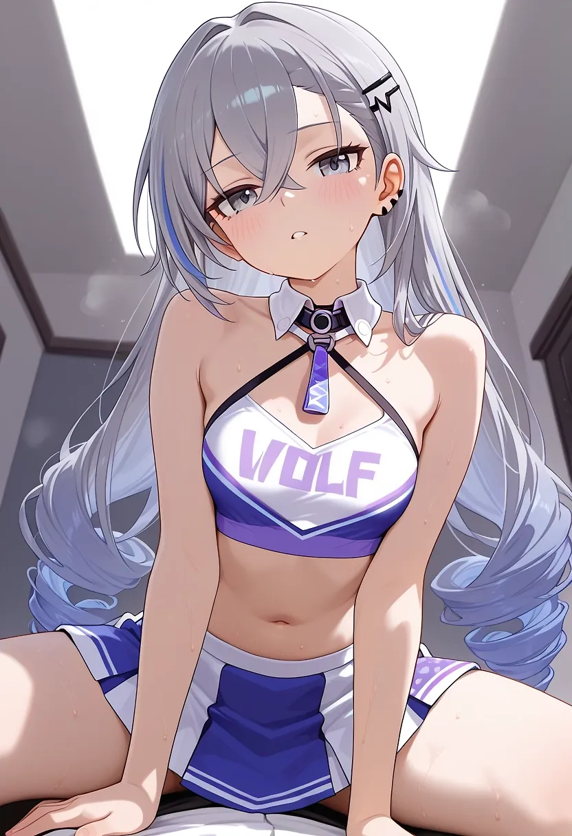 AI art "She's back" with user description "Silver wolf returns in some hot new pics, including..... silver wolf erm...what's that device you have? Hmm, a digivice? O.O' oh no...not again, no you looking sexyvwont help. As punishment get stuck in an eevee costume...hey! Don't chane into a provocative cheerleader outfit! Im trying to make you adorable"