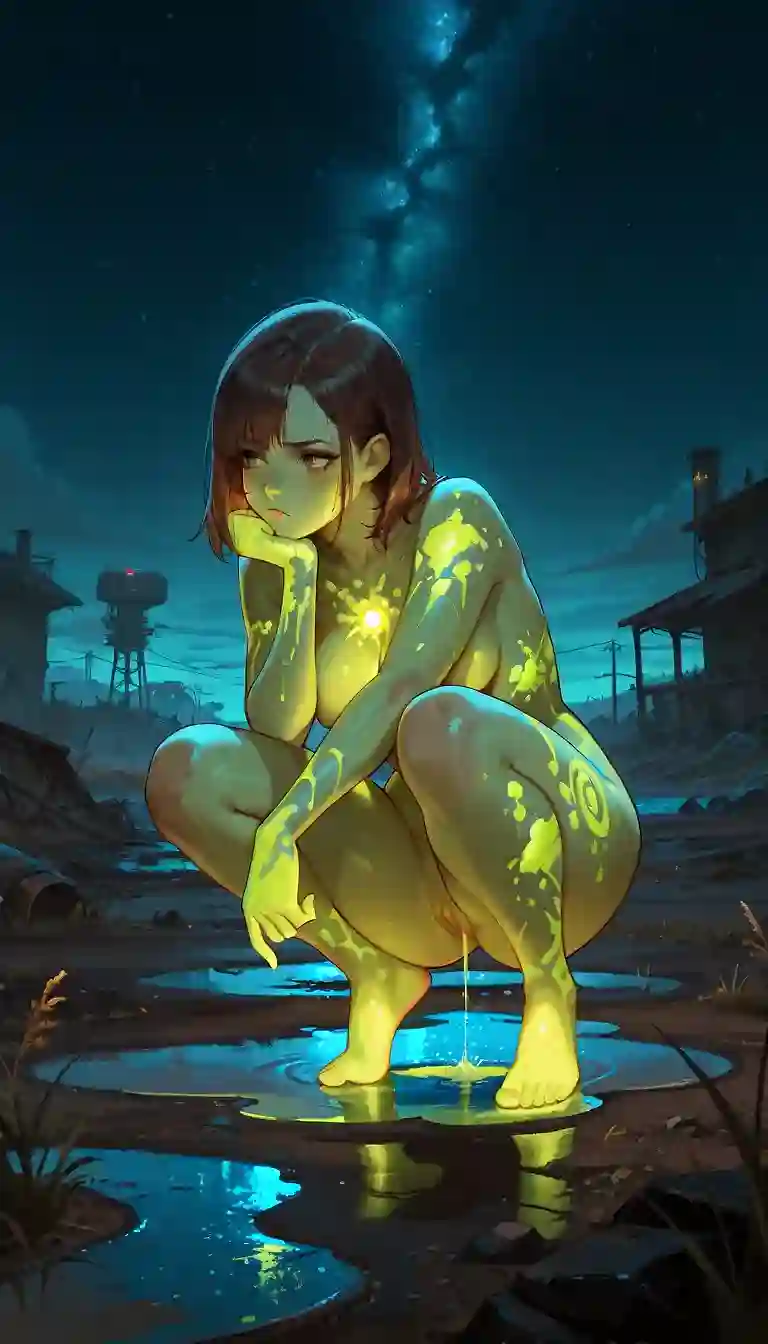 AI art 'Fallout 69, Episode 7' with user description 'S01E07. Pregnancy is not the problem that bothers Riley 💙☢️☣️

Water won't wash away or remove radioactivity in the Wasteland. But maybe it can rinse Deathclaw's radioactive cum from pussy 😏'