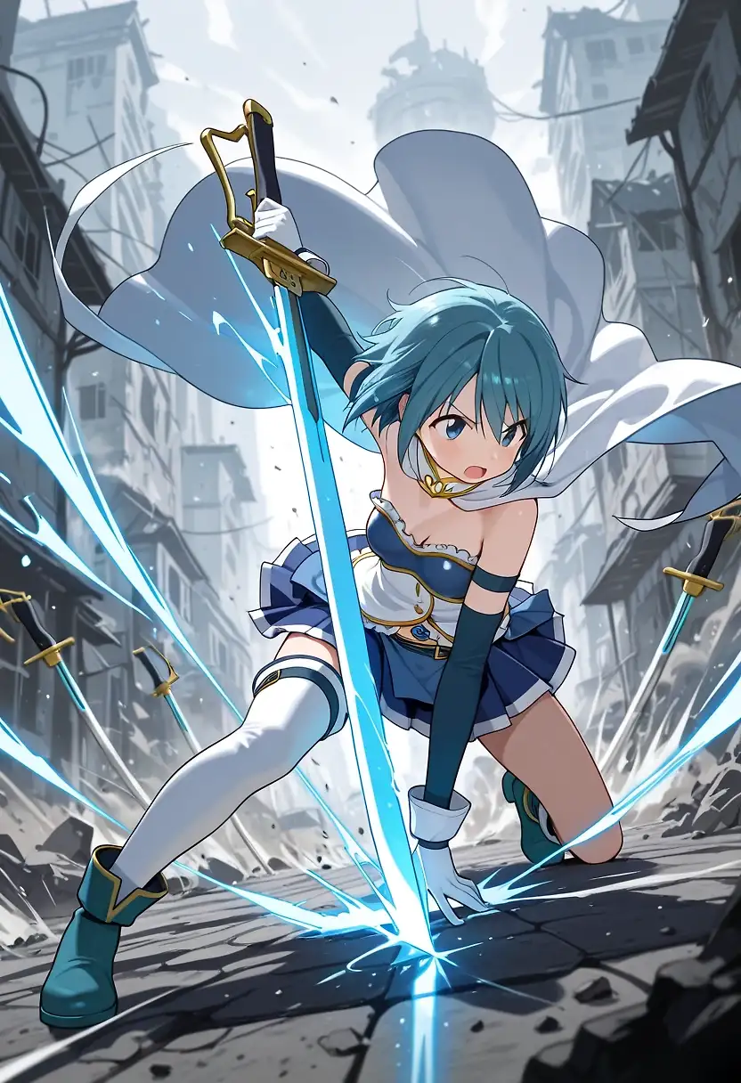 AI art 'Sayaka Miki – The Blue Knight Stands in the Ruins' with user description 'I made this while looking forward to the new movie, imagining a cool and powerful version of Sayaka!'