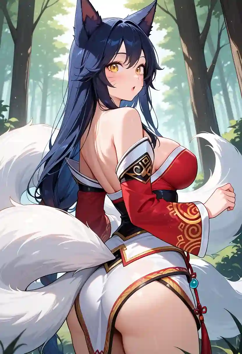 AI art 'Ahri The Nine-Tailed Fox' with user description 'They always said to fear the forest when hunting season is on.'