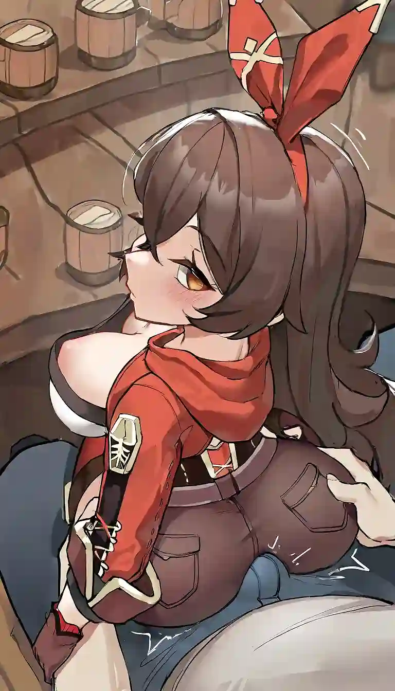 AI art for prompt: '1girl, amber_(genshin_impact), ((maplestar)), tavern, stealth, perky breasts slip, tipsy,
1boy, pov fat_man hands on hips, sitting on twitching bulge, grinding on lap, looking back, from above, downblouse,'