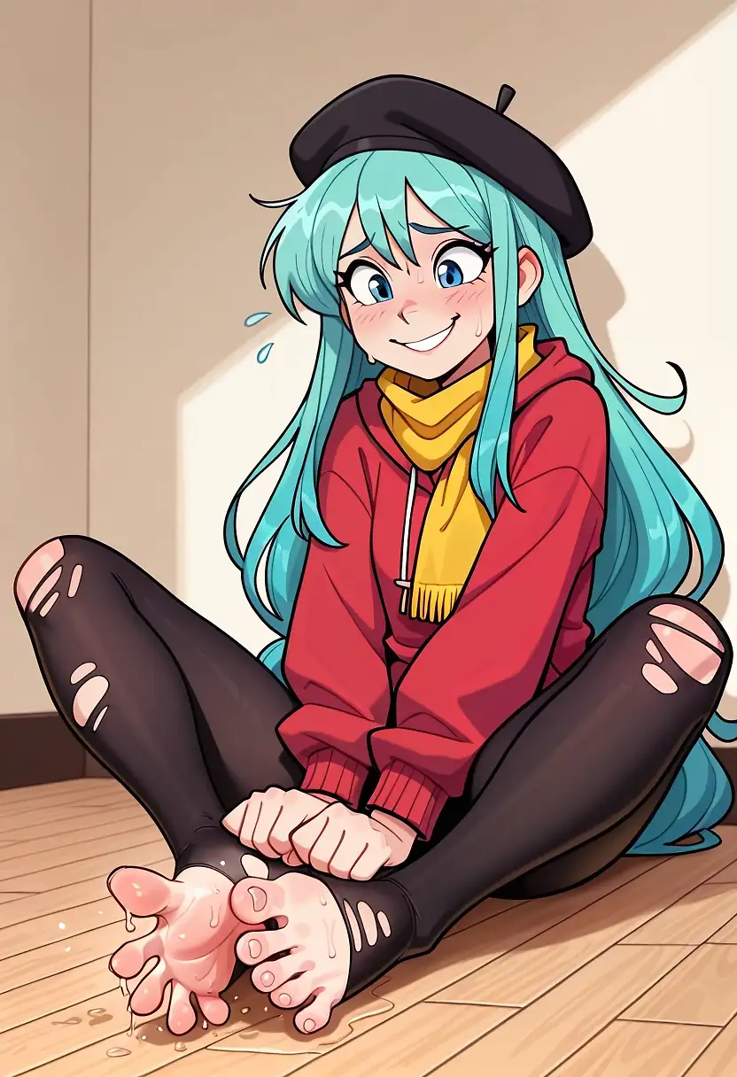 AI art "Blue haired adventure girl needs better stockings for adventuring"