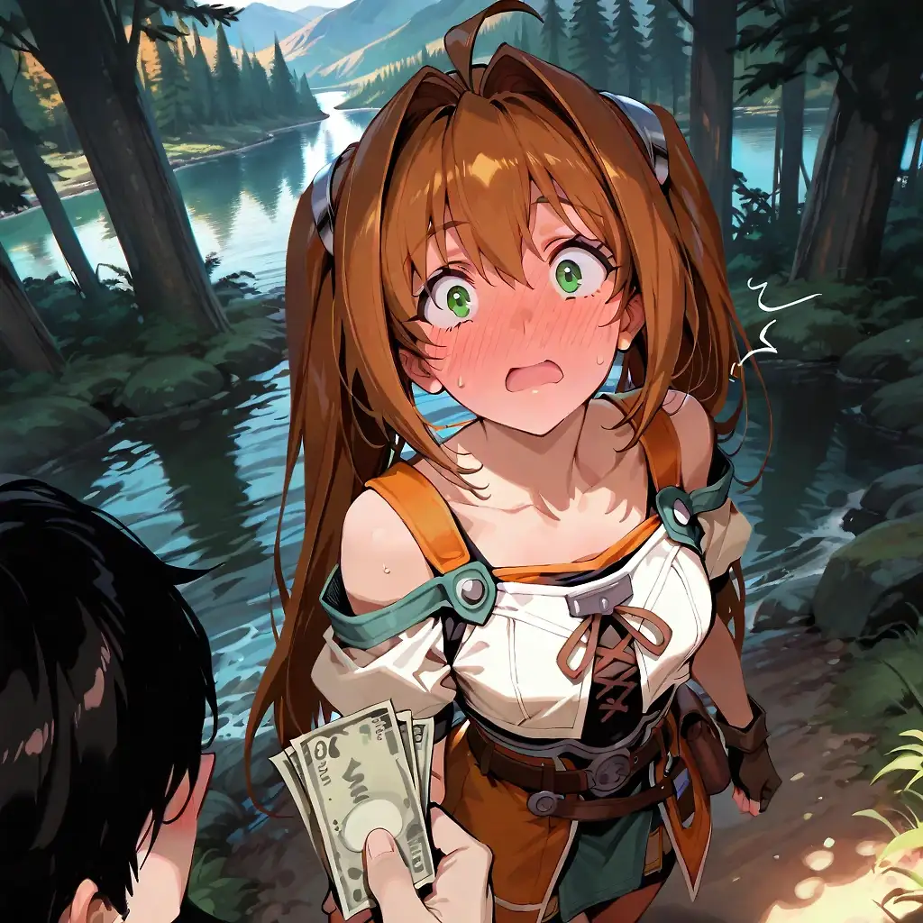 AI art 'Estelle Price' with user description 'I was lost in the forest, staff in hand, jacket a little dirty from pushing through branches. "Ehehe, I'll find my way back soon!" I said cheerfully to myself, though I was starting to worry. My tomboyish energy felt out of place here alone. Then a man with an oball camera approached. He said he was a photographer wanting me to model in nature. I smiled brightly. "Scenic shots with the trees? Sure, that sounds fun! Why not?"

But he meant completely naked. My face turned bright red. "W-Wait, naked?! No way! That's super embarrassing!" I stepped back, holding my staff protectively. "I'm Estelle Bright, a bracer who fights and runs around like a tomboy. People don't call me feminine or beautiful. My friends would tease me forever if they knew!" I refused at first, feeling insecure about my appearance and energetic ways.

He showed a huge stack of money and promised it was only for him, no one would ever know. "You're very beautiful and feminine," he added. Those words touched my insecurities. I bit my lip, thinking how much mira could help with gear, food, and helping others. Blushing deeply, I finally accepted. "...Okay. If it's really secret, I'll do it."

Hands trembling, I undressed. Jacket off, then shirt, exposing my perky breasts. Shorts and shoes followed until I was completely naked, sitting on soft grass. The cool breeze made me shiver. "This feels so weird..." The camera started clicking with every pose, making me flinch.

He asked me to spread my pussy. "EHHHH?! Spread it?! That's too embarrassing! I've never done something like this!" My eyes widened in shock, cheeks burning. But I swallowed hard. "O-Okay... I'll try." Leaning back, I parted my knees and used my fingers to spread my folds open, exposing everything. Clicks filled the air while I looked away, mortified but brave.

He noticed I wasn't a virgin. "Yeah... it happened once." Then he offered triple the money for sex. After lots of thought about all the good it could do, I nodded shyly. "Alright... I'll accept. Just be gentle."

I knelt, holding part of the money in one hand, and took his cock in my mouth. "Like this...?" I sucked earnestly, bobbing my head, tongue swirling, saliva dripping as I stroked him. It felt strange but I kept going.

Soon he laid me on my back. Pushing inside, I gasped. "Ahh! It's big..." He thrust harder, my breasts bouncing. "Nngh... hah... right there!" I moved my hips to meet him, pleasure building despite the embarrassment. Finally I cried out, cumming hard around him. He filled me deep with cum, which leaked out as he pulled away.

I lay on the ground, legs spread, pussy still leaking, surrounded by a massive pile of mira – enough for every pair of slippers, all the food I could want, and more to help people. "Wow... that was intense," I murmured breathlessly with a shy smile. "Ehehe, at least it'll do a lot of good. Promise this stays secret forever." Still naked and flushed, I slowly gathered my clothes, heart racing from everything that happened.'