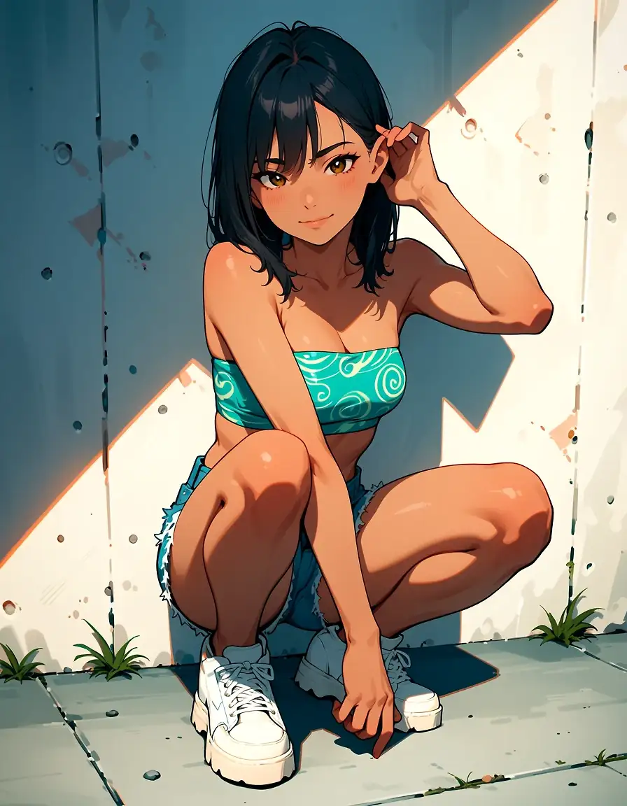 AI art 'Girl squatting on a pavement'