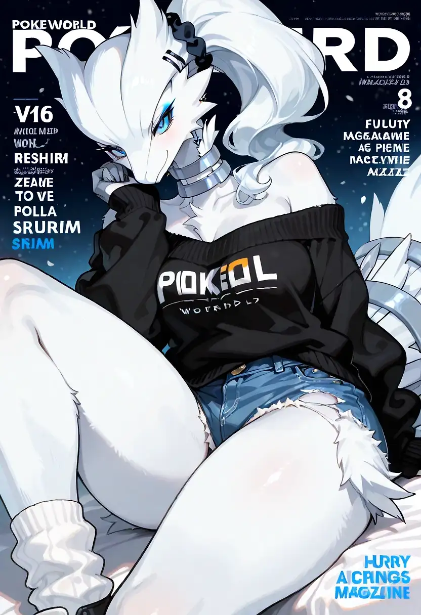 AI art 'What if...  pokemons are models' with user description 'Reshiram, white fur, long flowing ears, blue eyes, and a sleek, elegant silhouette. She is confident, stylish, and slightly glamorous.'