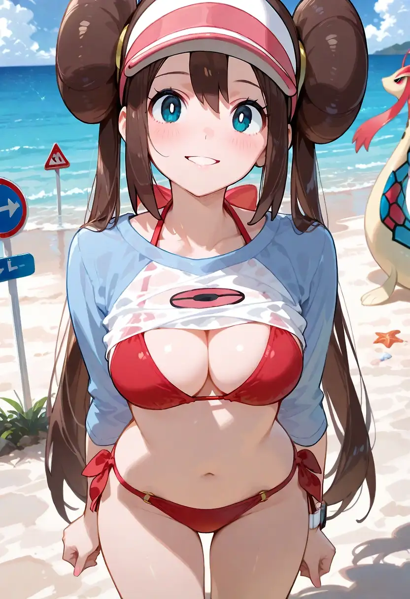 AI art 'Rosa and Milotic's secret [Part1]' with user description 'A sunny day to go on the beach and take some time.
But a naughty one has decided something else'