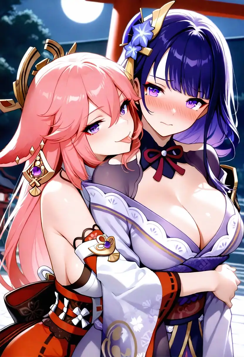 AI art 'Ei X Miko, "A long time friend whom is dear to me for more centuries to come, for eternity."' with user description '(Grand Narukami Shrine, Inazuma) 
Fictional side story: 
"It has only been awhile since peace was restored, Ei, who has shut herself from the outside world in the plane of Euthymia, is still coming to terms and learning about the present day since stepping foot in Inazuma for the first time in over few hundred years. The traveller has moved on to venture the other regions of Teyvat, leaving Yae Miko, Ei's bestie who is also the mischievous head priestess of Grand Narukami shrine to guide her in the ways of the world. What could possibly happen between socially awkward  Ei and a playful and teasing Miko??

Scene 1
Miko happily hugs an unsuspecting Ei from behind:
Miko: "Ei~~I got you ❤️"
Ei, clearly embarrassed and surprised: "Miko..you are standing too close.."
Scene 2
(Miko in front of Ei)
Miko:"I don't care! Also..you smell really nice..❤️"
Ei, flustered and thinking to herself: "Miko..I..can't handle her. Sigh"
Scene 3
(Miko behind a helpless and flustered Ei)
Miko: "Let's go, let's go!"
Ei, holding on to her clothes: "Again??!  Miko! Watch your hands!! Arggh! Miko...."
Scene 4 
(Flashback of what happened the night before)
Miko teased: "I have no idea you were so passionate in this aspect, Ei. I was fooled by you."
Ei, embarrassed but happy, whispers : "It is only possible because of you, I trusted myself to you and I know you would not betray me. Past centuries are a testament to our unwavering bond, Miko, would you... continue to hold my hand?"
Miko paused and in a soft voice: "Oh? What a foolish question, little Ei.. Gladly, for all eternity, we will be together."

And hence they are together happily ever after XD

Notes: Personally I am not into yuri and this is my first time trying out. TBH, Raiden Shogun is my favorite character in the series and Yae Miko, being someone she trust so much and a long standing friend is the only character in my head canon that I will pair with if I were to do such a setting. 
Most of my images are Raiden centered snd NSFW, I do like the different themes, yes arousing and erotic to me, but I really enjoyed making this Eimiko theme as it's the only one that gives me fluff and aww so sweet in my heart though the buildup is slow.  (Yes I know it sounds cringe, whatever)
Personally, I am going through a difficult phase in life with financial security and doubtful future, well, everyone has their own life's battle to fight eh? 
I am happy to have come across this site so I had a chance to generate both SFW and NSFW images of my favorite character. It certainly also makes me happier and less stressed a little when I was working on this. Though, come to think of it, I hope it doesn't ends up too much like work because of min maxing and optimizing. I still prefer it to be enjoyable, stress free and not a tedious process to generate images that I like. 

I can only hope that I do not receive any hateful comments (if any at all) lol, I do like to browse what other users have created and sometimes inspired by them, of course everyone is different and I respect their kinks even if it may not be my kind of thing :).

Lastly, I wish you good day, though I doubt anyone would read all these, but color me surprised if you did!'