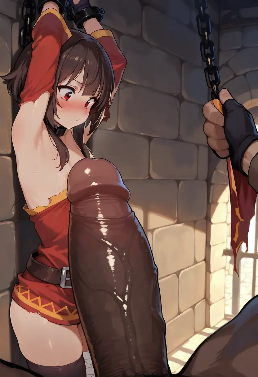 AI art 'Megumin BDSM' with user description 'The flickering torchlight of the secluded dungeon cast long, dancing shadows against the cold, damp stone walls. Megumin stood in the center of the subterranean chamber, her signature wizard’s hat discarded near the heavy iron door. She had approached her male friend with a request that had left him speechless, but as the chains rattled above her head, the reality of her dark desire was finally taking shape.
"Bring them all," she had whispered to him earlier that day, her crimson eyes burning with an intensity that had nothing to do with Explosion magic. "I want to feel the weight of everyone you know. I want to be used until I can’t stand. Don't tell them to be gentle—if they stop before I’m broken, the contract is void."
Her friend had complied. The sound of heavy footsteps echoed in the hallway as he led a small army of men into the depths. Megumin looked at them, her small frame trembling not with fear, but with an agonizing, frantic anticipation.
The ordeal began with a sudden, jarring violence. The men didn't wait for introductions. They descended upon her like a pack of wolves, their rough hands grabbing at her red tunic and cloak. The sound of fabric rending filled the dungeon as they ripped her clothes off in jagged, impatient strips. Within moments, her delicate, pale skin was exposed to the biting chill of the underground air, covered only by the heavy iron shackles that bound her wrists. They hoisted her arms high above her head, the chains groaning under her weight as she was forced to stand on her tiptoes, her body completely open and defenseless.
The encounter was a descent into a relentless, driving heat. With only the torches to illuminate the chamber, the room became a blur of motion and raw, masculine energy. Megumin was handled with a callous, clinical lack of care, her body becoming communal property. She was turned and lifted, used in every way imaginable—doubly and triply penetrated as the men rotated with a predatory, tireless stamina. The contrast between her petite, refined frame and the sheer number of men was stark, each one taking their share of the Crimson Demon’s pride.
The most grueling aspect was the constant, rhythmic deepthroating. While she was being used from below and behind, a line of men forced themselves into her mouth. They pushed deep into her throat, past the point of gagging, asserting their absolute dominance over the girl who usually commanded the battlefield. Megumin’s eyes blew wide, tears of genuine desperation streaming down her face as she fought for every scrap of oxygen, her muffled cries echoing against the damp stone.
She was drowning in euphoria. The struggle to catch her breath—the thick, invasive presence of strangers blocking her airway—made every tiny gasp a desperate battle. That specific sensation of being physically silenced and completely overwhelmed triggered a feedback loop of pleasure that shattered her composure. The lack of air combined with the relentless, heavy friction sent her into a complete physical meltdown.
She came seven times, her body arching and shivering against the chains, her internal muscles clenching in a frantic rhythm that mirrored the men’s movements. Each time her breath was cut off by a deep thrust into her throat, another wave of white-hot climax ripped through her, leaving her dazed and utterly spent. She loved the power they exerted over her, her body screaming for the very dominance that was making it so hard to function.
The sheer volume of the encounter was staggering. As the hours bled into a single, exhausting blur of sweat and friction, she was creampied at least sixty times. The warm, white slick coated her thighs and stomach, dripping onto the cold stone floor as the men took their turns with a relentless, driving force. By the time the torches began to burn low and the men started to gather their gear, Megumin was a wreck of matted hair, red marks, and absolute exhaustion.
She hung from the chains, her body heavy and her throat feeling raw. One of the men looked at her, a knowing, jagged smirk on his face as he wiped the sweat from his brow. "You asked for it, wizard. I hope you're satisfied."
Megumin took a long, shuddering breath of the stale dungeon air, her eyes hazy but glowing with a new, dangerous hunger. She didn't look defeated; she looked like she had finally found the one thing more powerful than her magic. She reached out with a trembling hand, her voice a mere, broken rasp as she looked at her friend who stood by the door.
"Wait," she whispered, a small, defiant smirk playing on her lips. "If that’s everyone you know... then next time, find more. I want to see if I can handle a hundred of you before I run out of breath."'