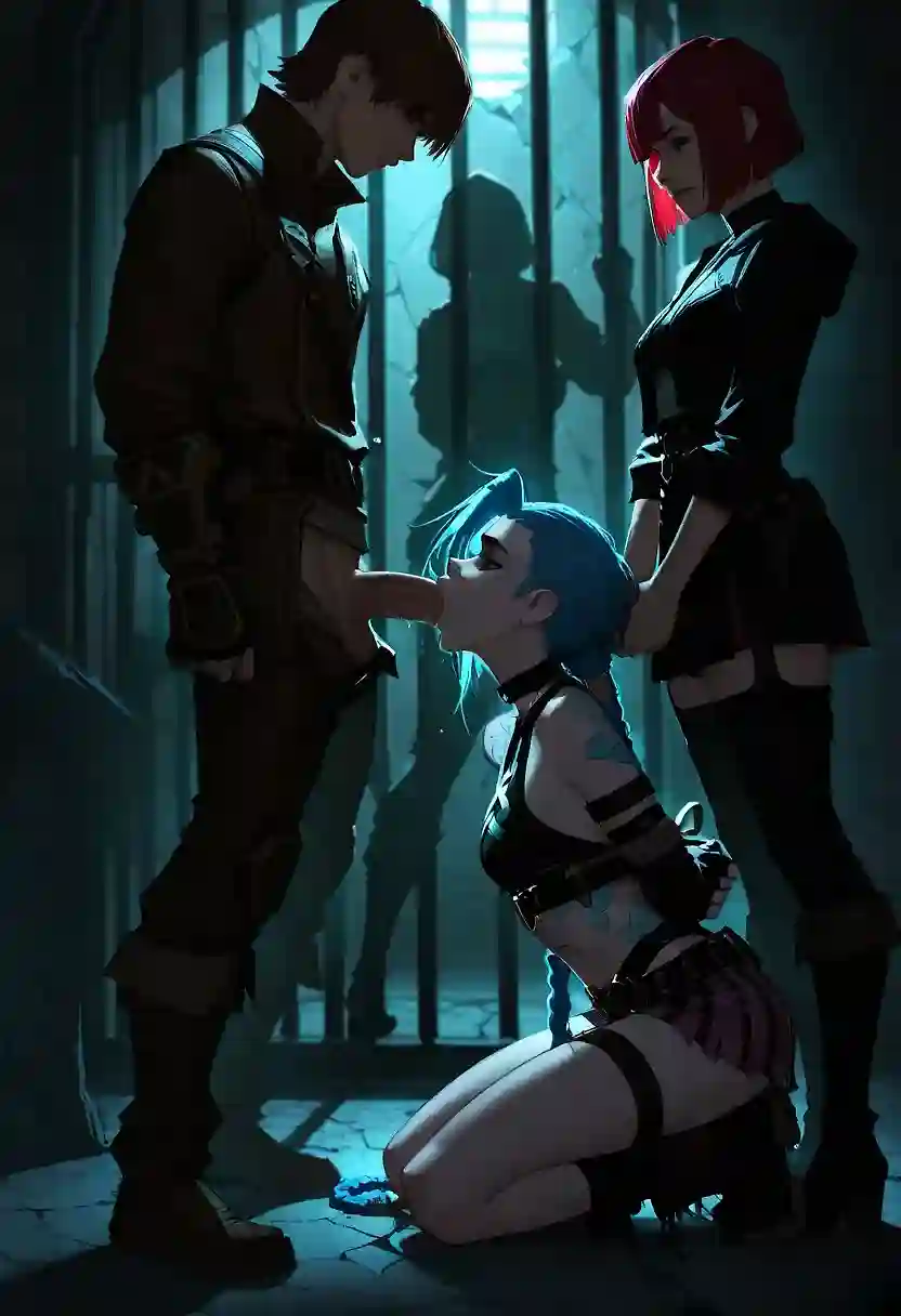 AI art for prompt: '3girls, 1boy, arcane all, arcane style, prison, best_quality, neon, crack_of_light, girl jinx, kneeling, girl_hands_behind_back, arms_tied, blowjob
<break>
boy standing guard big penis maledom, dominating male ,hand_on_another_head
<break>
3girls pink hair girl tied on wall'