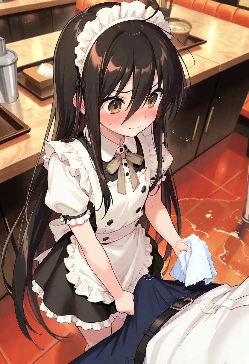 AI art 'Um... C-customer?!?' with user description 'She spilt the water on your crotch and is now cleaning it up only to get a... surprise?'
