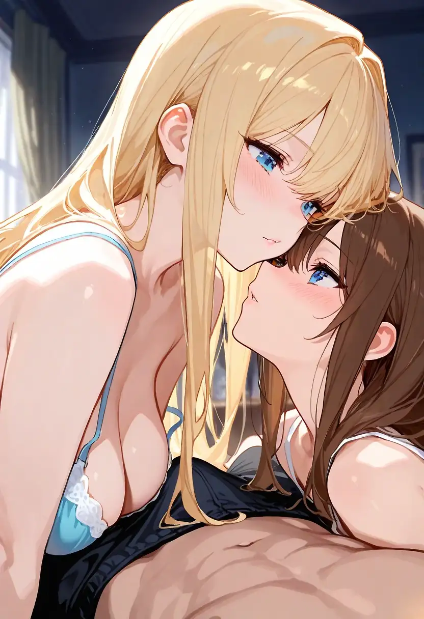 AI art '3 OCs (New)' with user description 'Meet Elena (blonde), Amara (brunette), and Elias (face not shown yet). They are three childhood friends that fell in love, now they spend every day together, sometimes naughty and sometimes just hanging out. Elias came into some money so they brought a house secluded in the mountains, and they don’t need to work. They are in the process of turning their home into a homestead, and they take full advantage of the complete privacy. Let me know if you want to see more of them.'