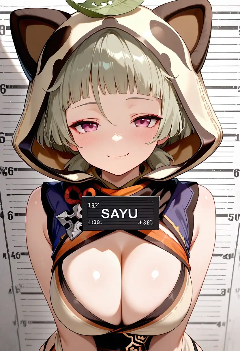 AI art 'Sayu' with user description 'So maybe you'll notice the name tag that wasn't on any other.
Couldn't do any thing about this, it literally come as a default with the mugshot prompt and most of the time the négative prompt dosn't work to get rid of it.
On average i used 40 to 50 credit to get the images i wanted for each girls.
BUT THIS FREAKING ONE IT JUST WOULDN'T WORK (sorry i'm piseed lmao)  (╯'□')╯︵ ┻━┻
I've wasted like 200/300 credit trying desperately to get this one but unfortunately....
Sorry for that one :/'