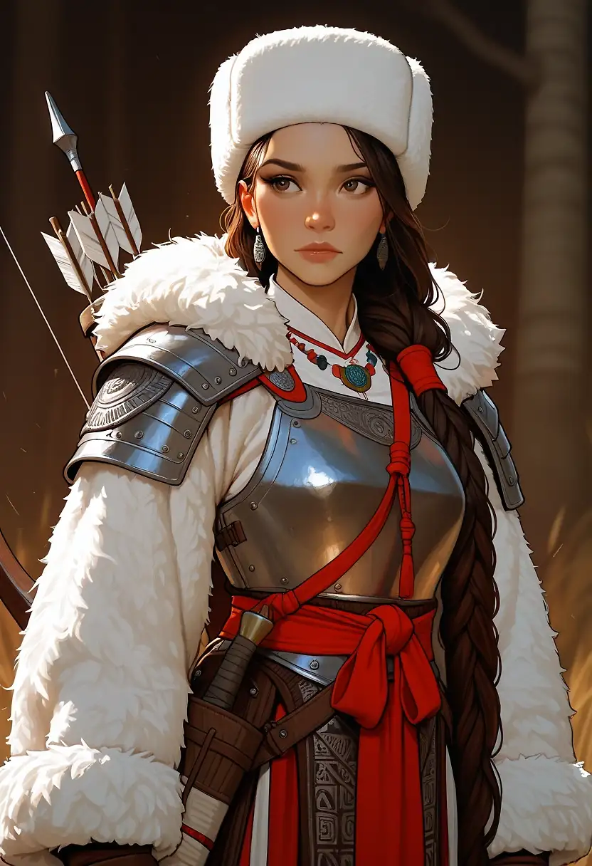 AI art 'A Mongolian Warrior’s Tale' with user description 'The wind of the steppe always carried stories.
Some were whispered by the grass, bending in long waves like an ocean of gold. Others were carved into the mountains, sharp and unmoving. But the story that morning belonged to her — the woman standing alone against the rising sun, bow in hand, breath steady as the world shifted around her.'