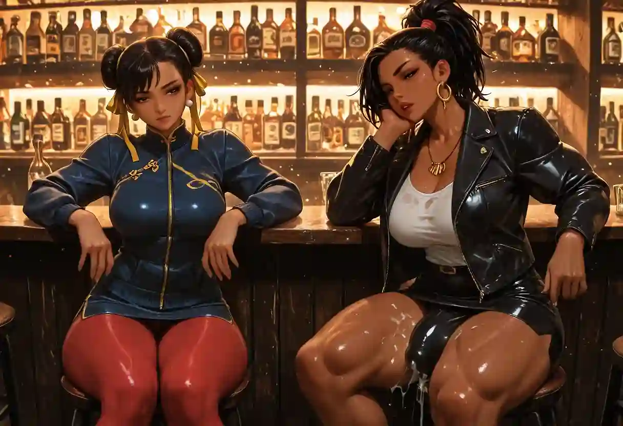 AI art for prompt: 'enormous powerful very muscular thighs, long erect futanari bulge in extremely tight glossy red pantyhose, skintight miniskirt, African American Woman, sitting at a crowded bar, cum through clothes, African American Woman, Dark Skin, Two Women, Chun Li in brown pantyhose and jacket, high top sneakers, Ebony African American Woman, extremely tight glossy teal pantyhose, massive spandex covered boobs, beautiful faces, curvy, very wide hips, HDR, perfect brown skin, Slim waists, gargantuan asses, full body view, big boobs'