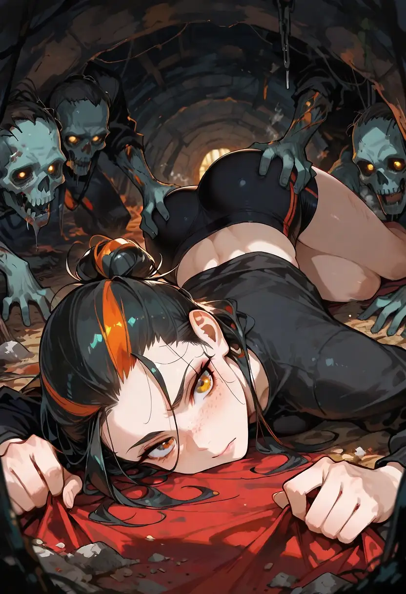 AI art 'Chapter #02: The Cemetery of the Living. Part 3.' with user description 'Suddenly, a loud noise is heard in the cemetery; the dead begin to rise from their graves. The girls try to escape, but a black hand grabs Alison and drags her away. Mireya lets her guard down and is surrounded by zombies, who capture her and throw her into an open grave. Some of them follow her in, tearing her clothes as they do so. She manages to climb out of the grave but is attacked by more zombies.

I hope you’re enjoying the story, and thank you very much for reading.'