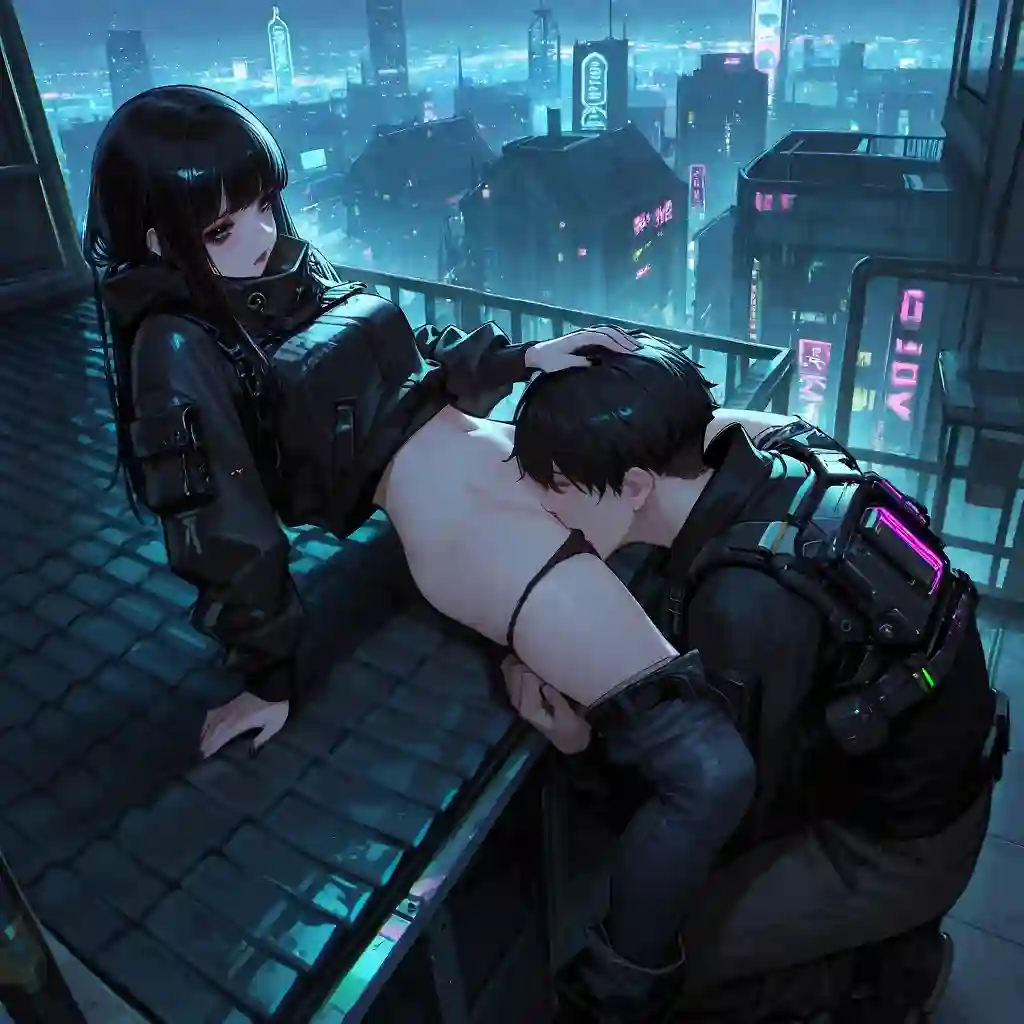 AI art 'Techwear girl' with user description 'Nyx was never meant to be seen. In a city of ten million souls and twice as many cameras. She has spent her life hiding behind straps, buckles, and waterproof fabric, a quiet girl consumed by the roar of a technological wasteland. But silence can become a cage, and lately, the only way she can feel her own heart beat is by breaking the rules.

Tonight, she’s chasing a different kind of signal. She’s stepping out of her armor, letting the humid city heat touch her skin in places it never should. it’s about the raw, trembling adrenaline of the forbidden. Watch as she exposes herself to the cold city air, her body reacting to the fear of being watched. She seeks the thrill of the gaze, yet her eyes are filled with a haunting shyness—a regret that tastes like static.

She’s terrified of the strangers in the shadows, but there’s a deeper fear: the feeling that the city itself is watching. Not just people, but something else. Something cold, calculating, and always connected. Is she truly alone on this rooftop, or is she just a bug in a much larger system?"'