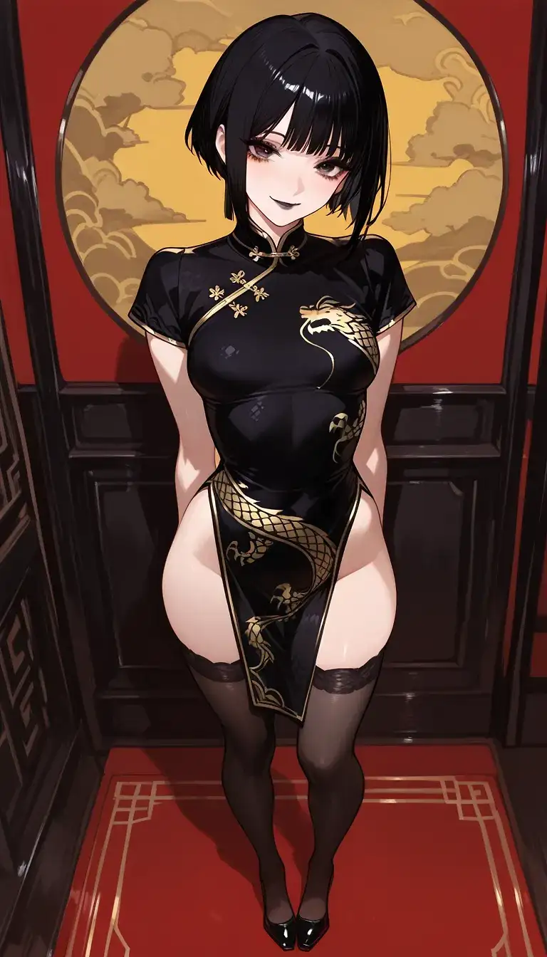 AI art 'Dragon Lady Part 1' for prompt: '1girl solo, full body view, shorthair with bangs, black hair, black lips, black lashes, smaller breasts, long black closed cheongsam, golden dragonpattern, black stockings, standing, looking pov, cute smile, 
single color background'
