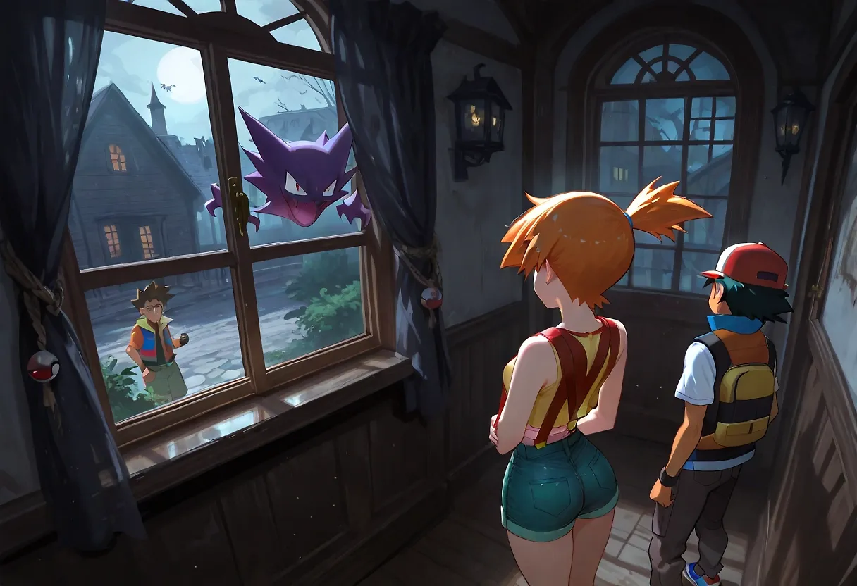 AI art "Thehaunted Mansion Part 1" with user description "Ash lost to Gym Leader Sabrina. He's then told that he'll probably need a Ghost-type Pokémon and that the best place to catch one is at the remote mansion. When the friends arrive, Misty feels a cold shiver and something touches her chest. Before she knows it, she's in the middle of a Ghost-type frenzy. Just when she thinks it's over, the leader of the Pokémon suddenly appears: a gigantic, monstrous Gengar. Naturally, the Gengar wants to join in the fun too. Ash and Brock have found Misty and join the frenzy as well."