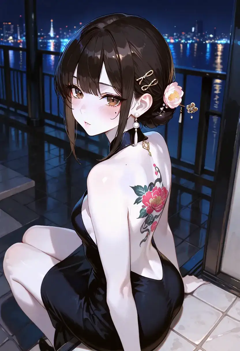 AI art for prompt: 'backless dress, peony back tattoo, black hairbun, ornament hairpin, pearl earring, looking over shoulder, cute bangs, black eyeliner, brown eyes, blush, mole on cheek, soft lips, slim thick, pale skin, night city street, sitting on step, behind view'