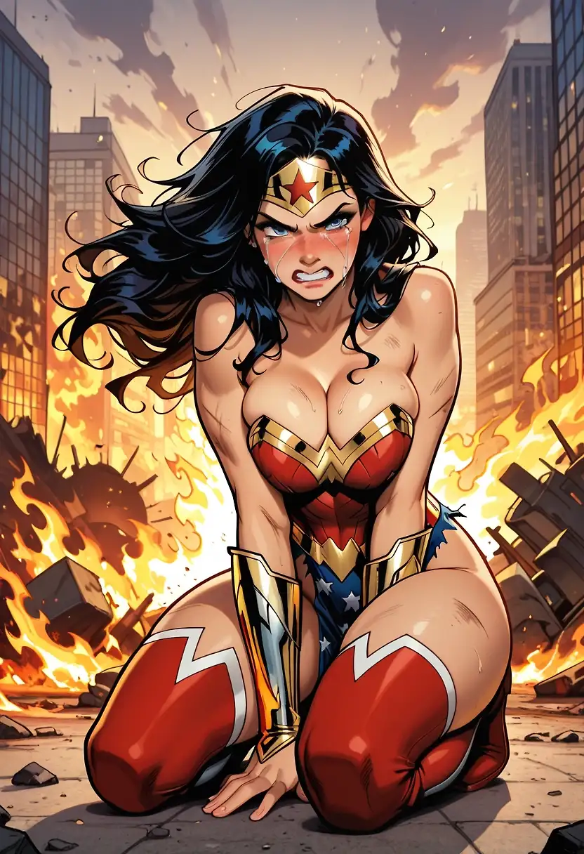 AI art 'Down, But Not Out' with user description 'Wonder Woman knew going into the city was risky. But she had a job to do. The job, though, proved tougher than expected, and Wonder Woman knew it was foolish to continue without a partner. Green Lantern, perhaps? Or maybe the newest member of the Justice League? In any event, Wonder Woman would return and finish what she started.'