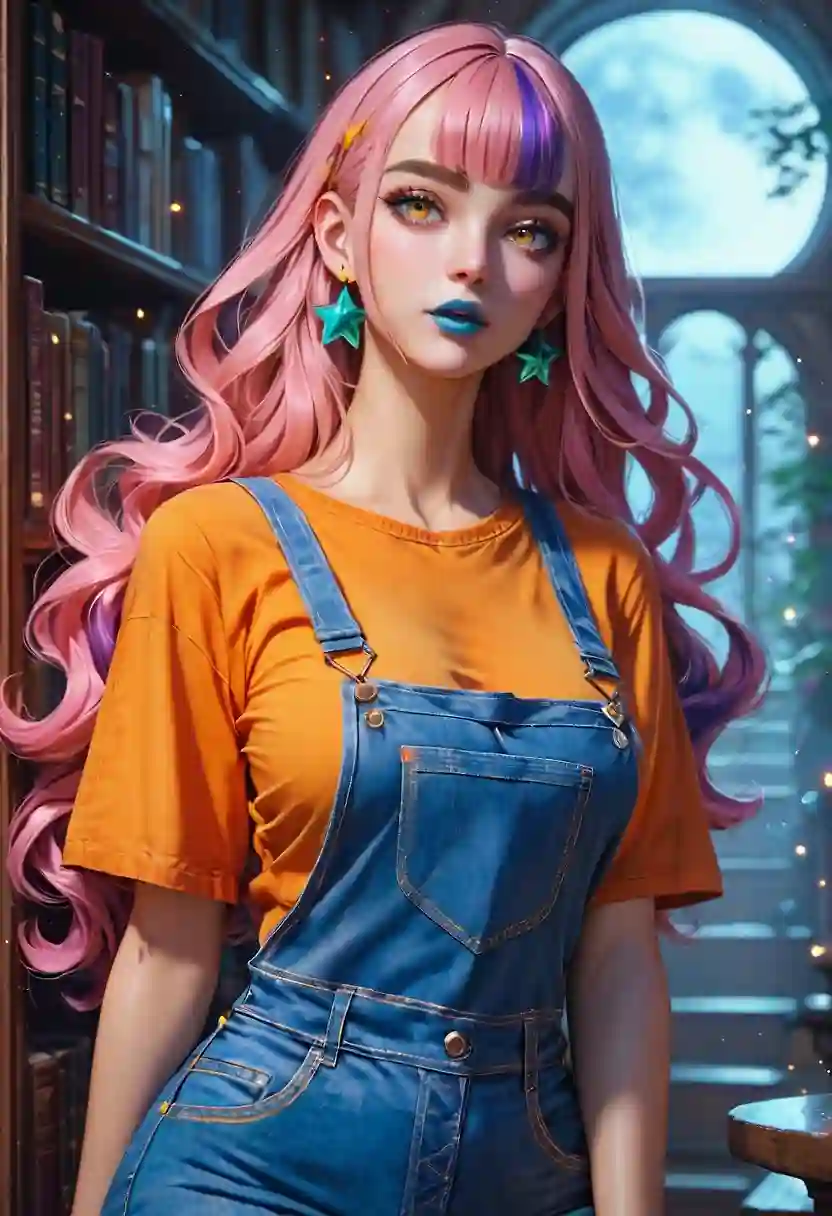 AI art 'Samantha(Samt).' with user description 'A shy girl who likes astronomy, her shyness and aversion to the paranormal make her the ideal counterpoint to Alison: while the latter seeks to explain unexplainable phenomena, Sam prefers to focus on the order and predictable beauty of the stars.  
   Astronomy and astrology: Although she gets scared easily in spooky places, her knowledge of lunar cycles and astronomical movements often helps the club choose the best times to go out and investigate (even if she herself prefers to stay home watching the sky).  
 She is probably the one who keeps the group together when things get too tense, reminding them that there is also beauty in the mysterious without needing to put themselves in danger.'