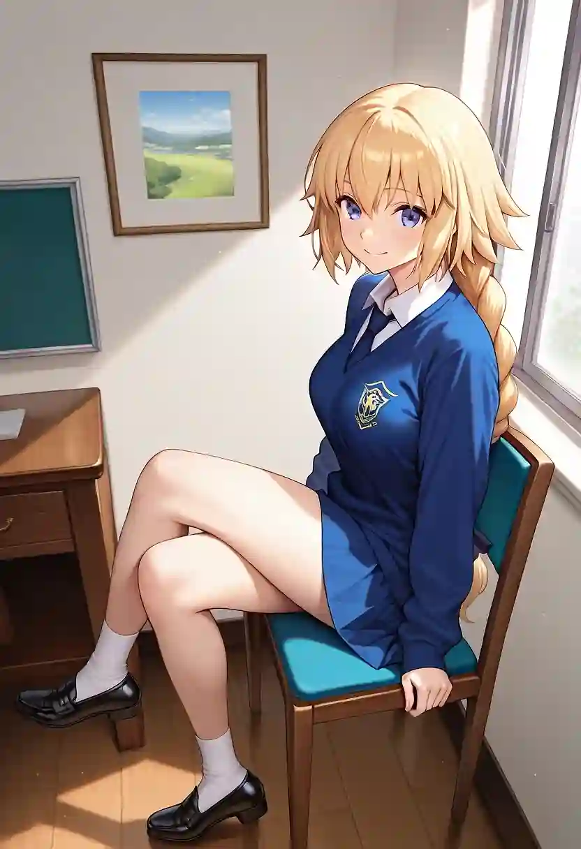 AI art 'Chair sitting' with user description 'Jeanne d'Arc sitting on chair, legs crossed'