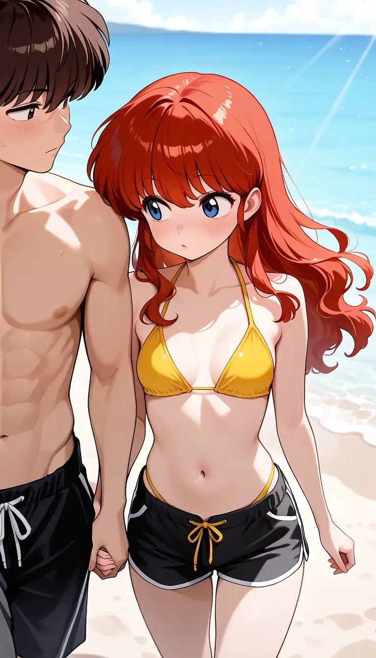 AI art 'Ranma Chan and Tatewaki Kuno - Summer Pt1' with user description 'Ranma loses a bet with Kuno and agrees to go out with him during summer vacation at the beach. Obviously, things get out of hand and she ends up sucking his dick on the second date. Well, if we look at it on the bright side, it didn't taste that bad, just a little salty and sweaty :P'