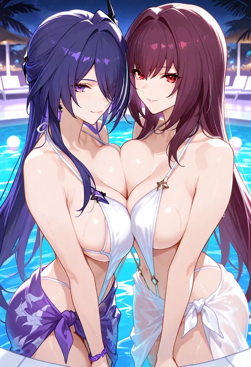 AI art "Scathach & Acheron midnight pool"
