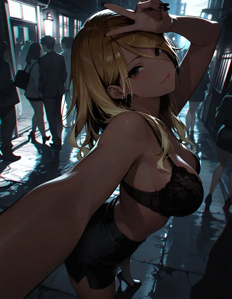 AI art 'Izumi BackAlley Gangbang' with user description 'I walked alone down the narrow alley behind the theater district, my white office shirt slightly wrinkled from the long rehearsal, black mini skirt hugging my hips, and black high heels clicking against the pavement. My blonde hair was messy, and tears threatened to spill. The audition had gone horribly today. I froze on stage again, my voice cracking in front of everyone. All that Broadway dream, all that optimistic energy I always carried, felt like it was crumbling.

"Why can't I just shine like I want to...?" I whispered, almost crying.

Three men stepped out from the shadows, mid-20s, looking surprised but interested.

“Whoa, are you okay, miss? You look really down,” the tallest one said gently.

I wiped my eyes quickly and put on my best brave, upbeat smile — the big Broadway actress smile I practiced so much. “Me? Oh, I’m fine! Just a little tired after rehearsal. An idol has to stay positive, right? The show must go on!”

One of them smiled. “You’re an idol? That’s hot. Want to have a good time with us? Might help you forget whatever’s bothering you.”

I laughed nervously, heart racing. Inside, a strange curiosity burned. *How much of a whore am I really? Can I let go completely?* I bit my lip, still pretending to be brave. “A good time? Here? In an alley? That’s pretty naughty… But maybe I need something wild tonight. Only if you promise to be nice and keep it secret, okay? I’m an upbeat girl, not some easy girl… though right now I kind of want to try.”

They grinned. “Deal.”

I nodded, voice theatrical even as my hands shook. “Alright, boys! Let’s make this a memorable performance~”

They pulled me deeper into the alley. One kissed me while unbuttoning my white shirt, revealing my black bra. Another lifted my mini skirt, fingers brushing my black panties. I gasped but kept smiling. “Gentle at first, okay? I’m still your cheerful idol…”

Soon I was on my knees, sucking one while the others touched me. My optimistic attitude stayed even as things got intense. “Mmm~ You guys are really excited, huh? I can take it!”

More men appeared — passersby who stopped to watch. Two more joined. Suddenly there were five. My eyes widened in fear. “W-wait… five? That’s… that’s a lot…” But the strange thrill won. “I… I can handle it. Let’s keep going. Make me forget everything!”

They took turns, then all at once. One in my mouth, one inside me from behind, hands everywhere. My left high heel slipped off my foot as I was lifted and fucked harder, leaving one beautiful bare foot on the cold ground. I moaned loudly, my Broadway energy mixing with raw pleasure. “Ahh~! More! I’m your happy little star tonight!”

I lost count of how many men used me. More passersby joined. They fucked me in every position against the wall, on the ground, filling me over and over. Cum dripped down my thighs. My optimistic voice kept encouraging them between moans. “Yes~ Give it all to me! I can shine even like this!”

When the ecstasy finally faded, I was completely naked, clothes scattered, body covered in cum. The last few men were still trying to use me. Reality crashed down hard.

Tears poured from my eyes as I curled up, sobbing. “What… what did I do…? I’m supposed to be a bright, optimistic idol… not this…” I cried quietly while another man tried to pull my legs open again. “Please… I regret it… I regret it so much…”

My upbeat mask was gone. Only shame and naked vulnerability remained under the alley Nights'