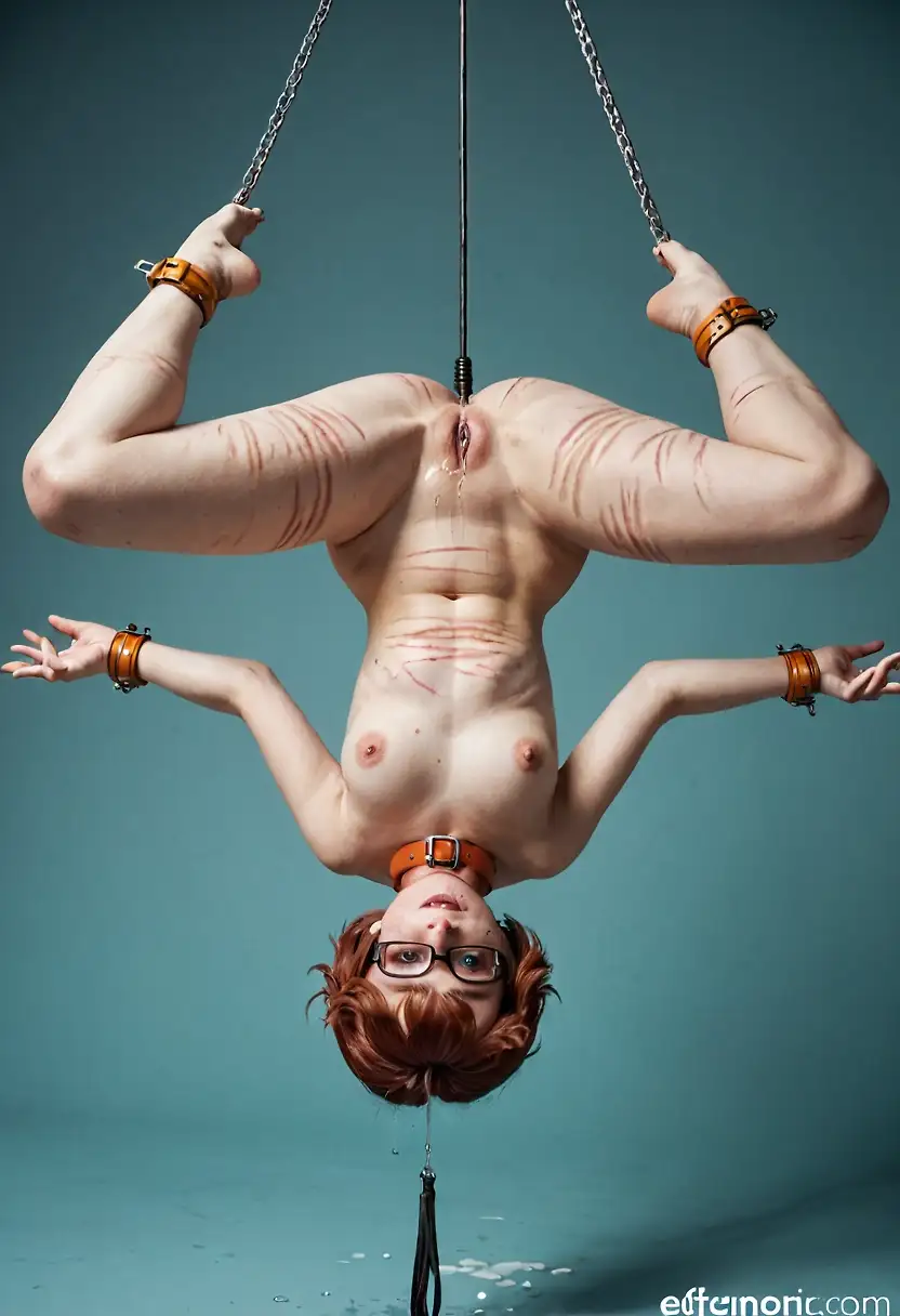 AI art 'Amusement park owner not amused' with user description 'Poor Velma fell into Old Man Dithers dungeon in the haunted amusement park. He’s trying to whip these meddling kids into shape.'