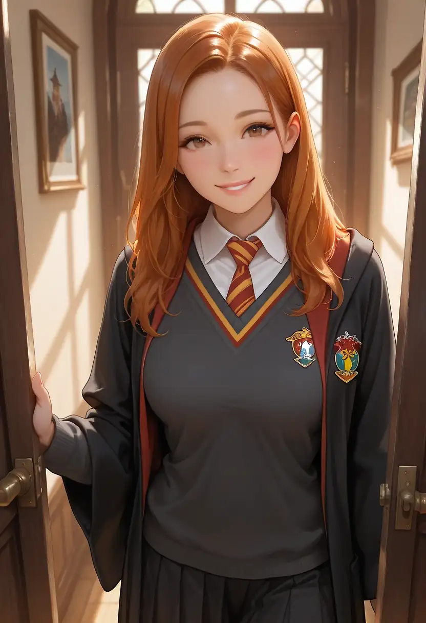 AI art 'Ginny Weasley of Gryffindor' with user description 'It appears there's an interest in doing Harry Potter-themed images, so I offer my contribution: Ginny Weasley of Gryffindor. Born Ginevra Molly Weasley, Ginny is the only daughter of Arthur and Molly Weasley. Ginny is brave, independent, loyal, intelligent, fierce, friendly, helpful, and strong. She's a gifted Quidditch player and skilled with the Bat-Bogey Hex. Ginny and Harry become romantically involved and eventually marry.'
