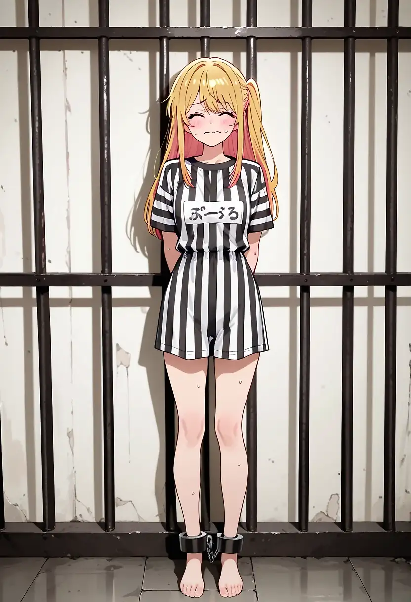 AI art 'New inmate arrival' with user description 'Hoshino Ruby has been convicted of attempted incest and has been sentenced to correction and reeducation. Updates to come.'