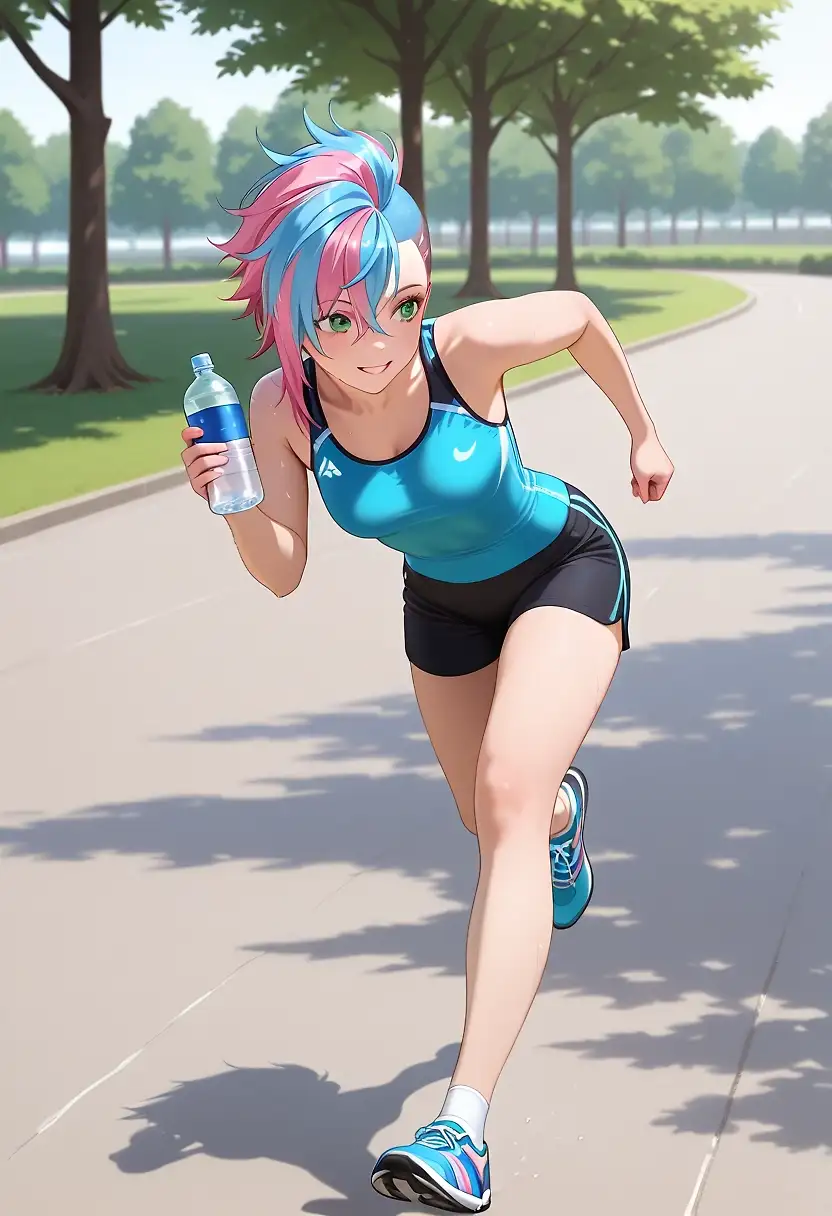 AI art 'Sera Out Jogging' with user description 'Sera is currently preparing for something big.
Once we reach 600 followers, she’s going to reveal something special 😉'