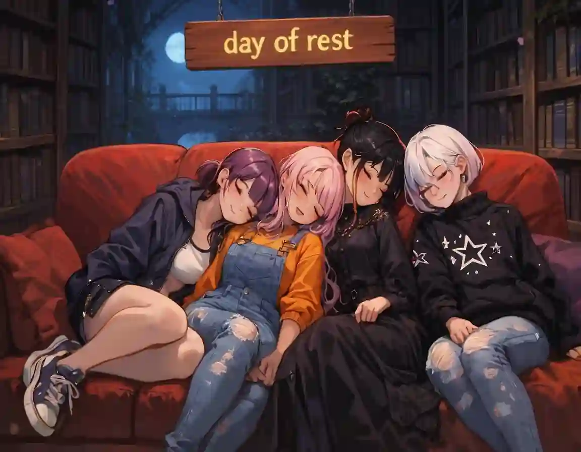AI art 'day off.' with user description 'For these two days there will be no official chapter, the girls will be resting on their days off, thank you very much for the support.'