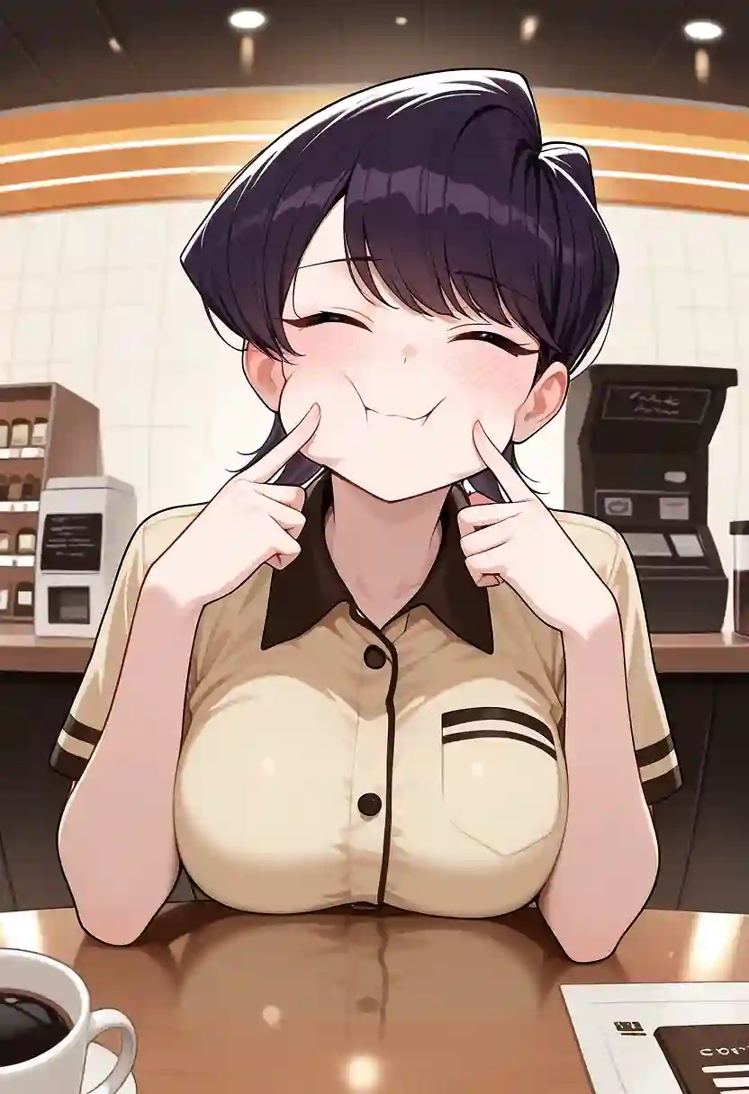 AI art 'Shuuko smiling for the camera' with user description 'This is her first day on the job as a cashier, hope it goes well.'